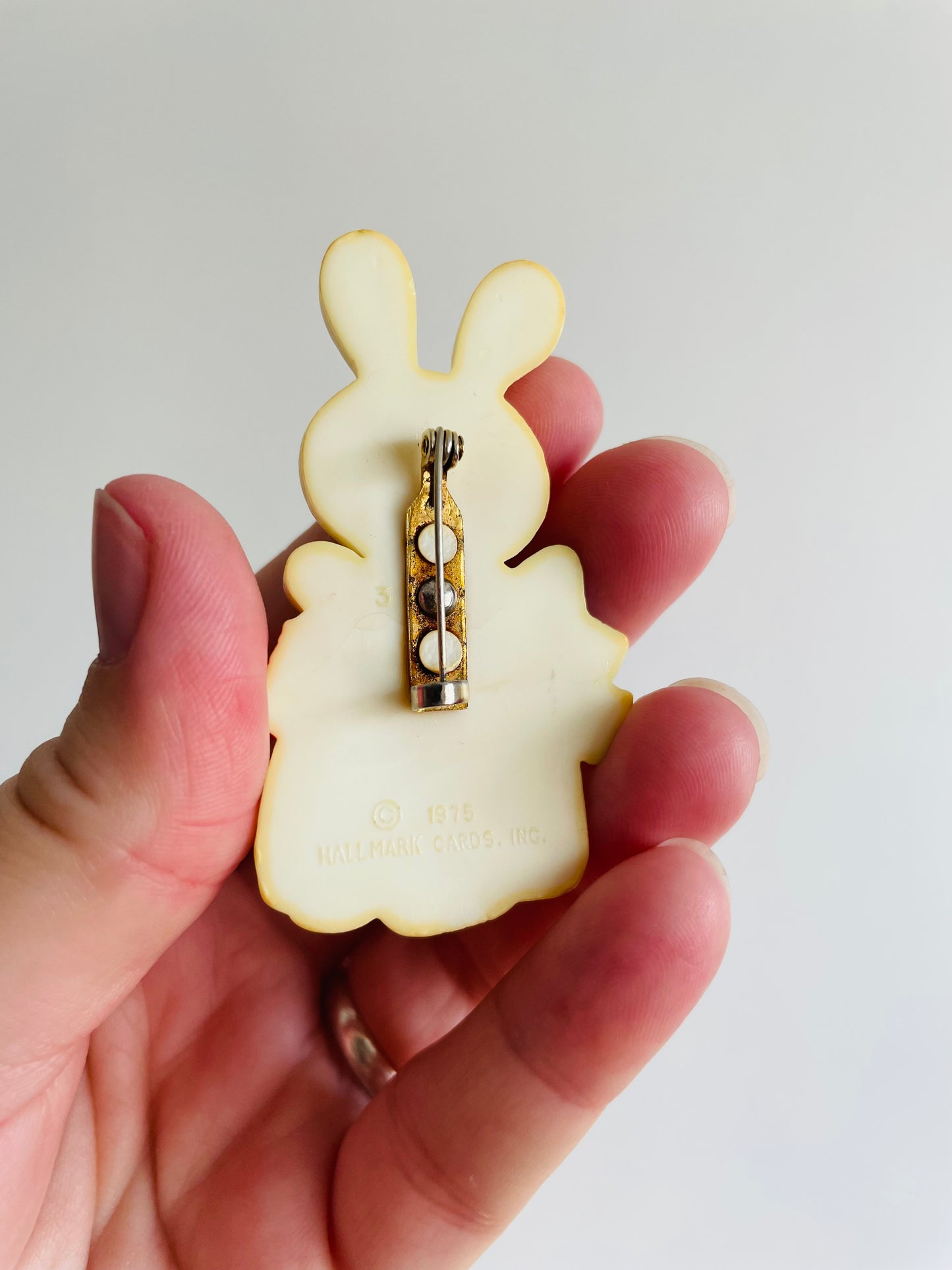 Easter Holiday Pin - Bunny in Dress with Basket of Eggs - Hallmark Cards 1975