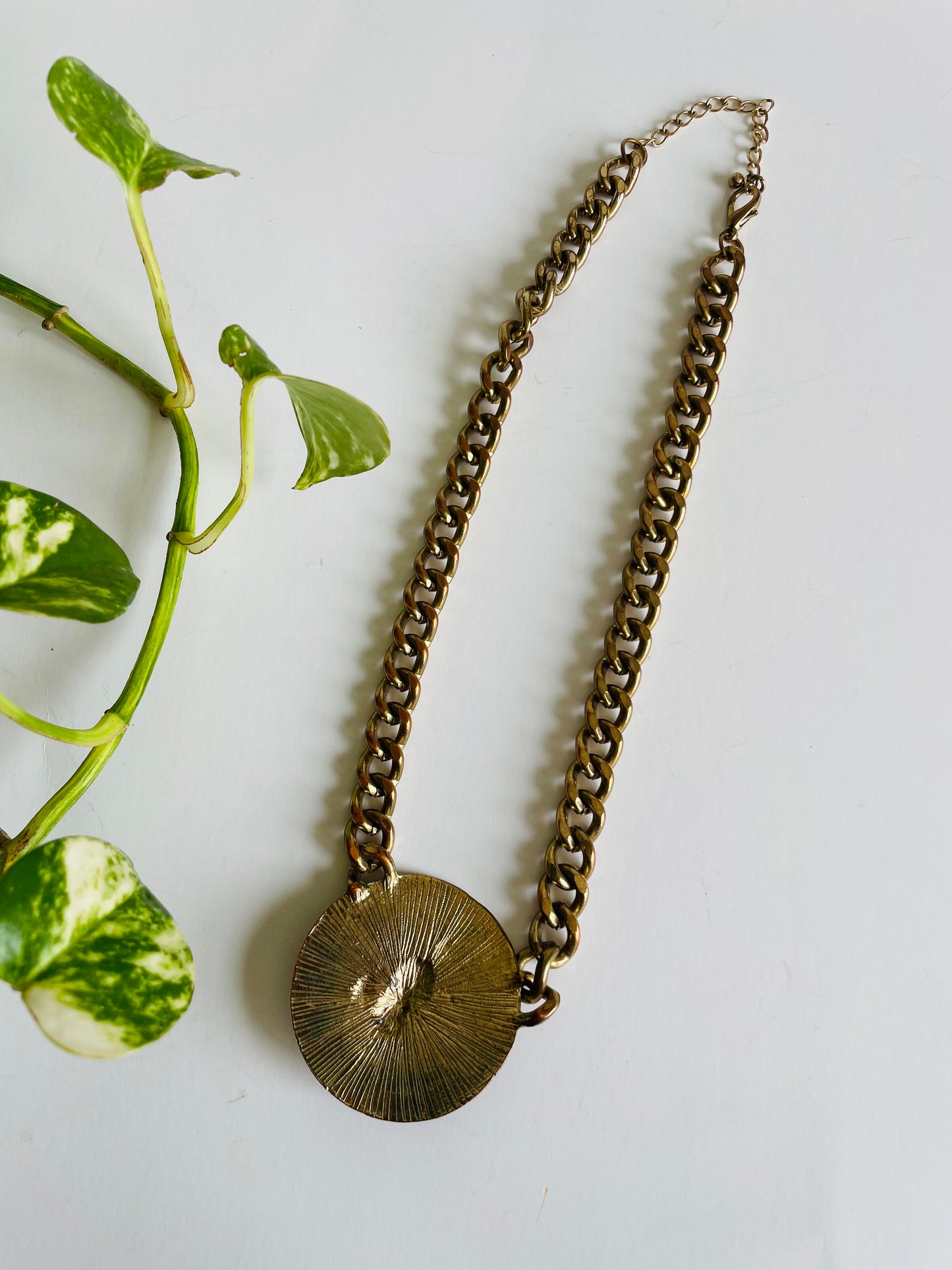 Brass & Enamel Lion Head Medusa Medallion Necklace on Heavy Chain - Big Cat Leo Astrology Jewellery