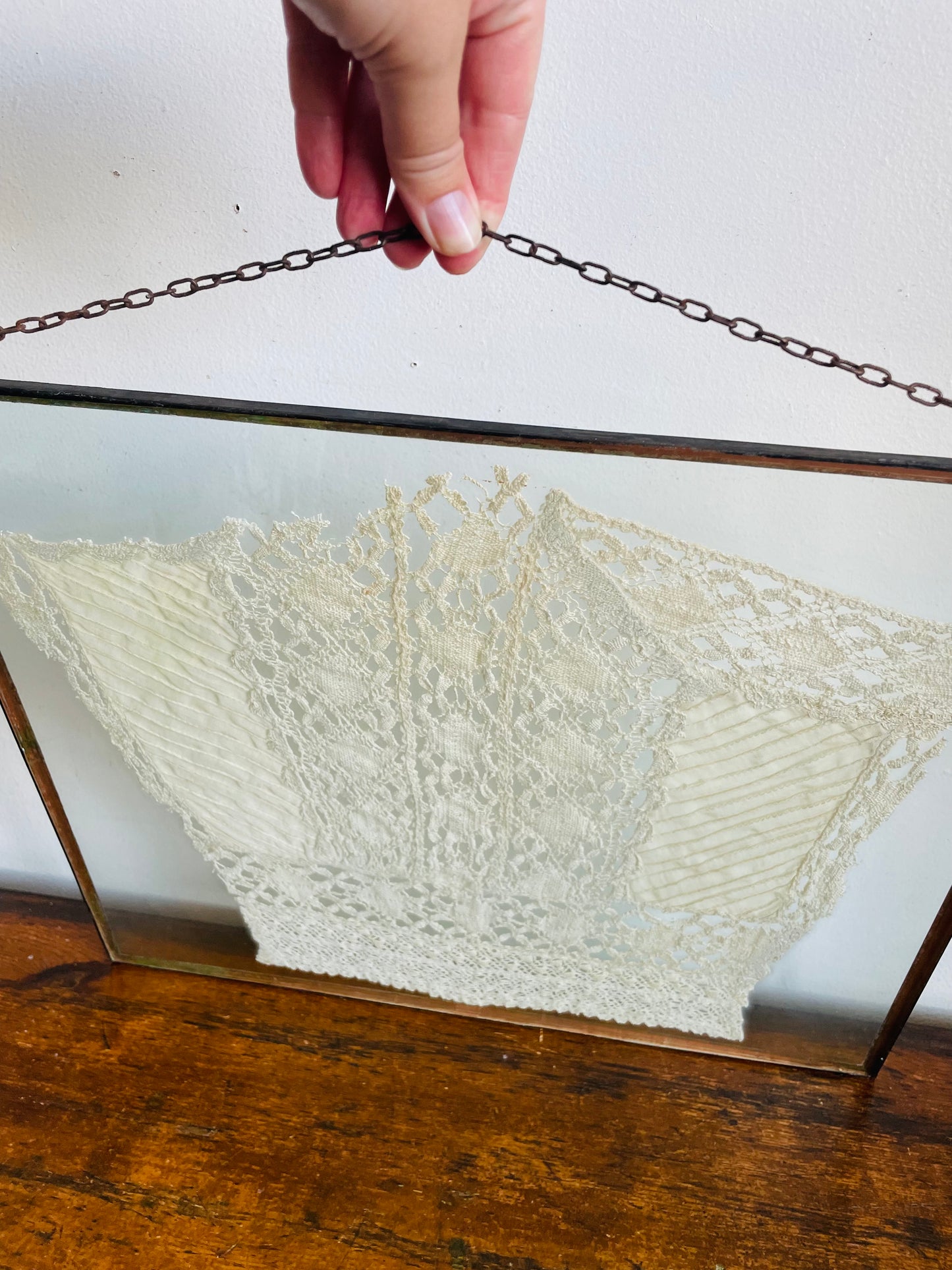 Antique Lace Bodice of Wedding Dress - Pressed & Sealed in Leaded Glass Frame - Chain for Hanging