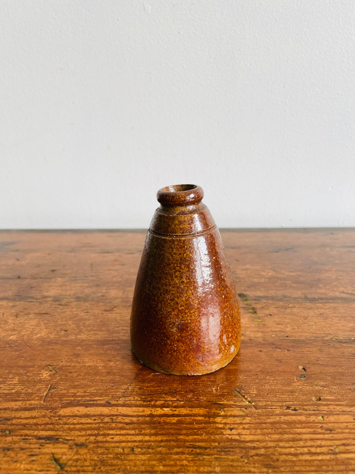 Antique Brown Salt Glaze Stoneware Pottery Cone Shaped Ink Well Bottle - Makes a Great Bud Vase!