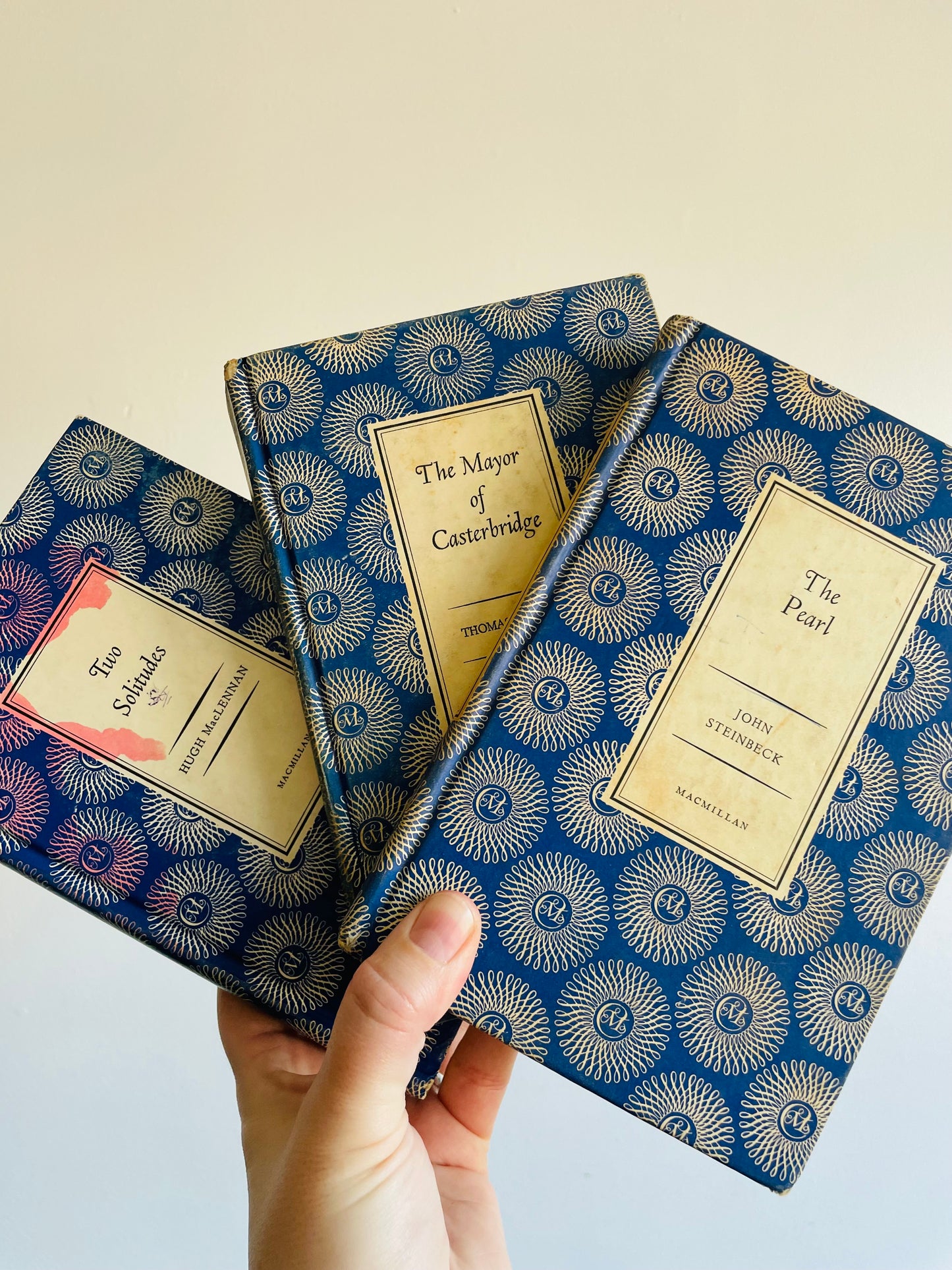 MacMillan Blue Hardcover Book Bundle - The Pearl by John Steinbeck (1958), Two Solitudes by Hugh MacLennan (1951), & The Mayor of Casterbridge by Thomas Hardy (1962)