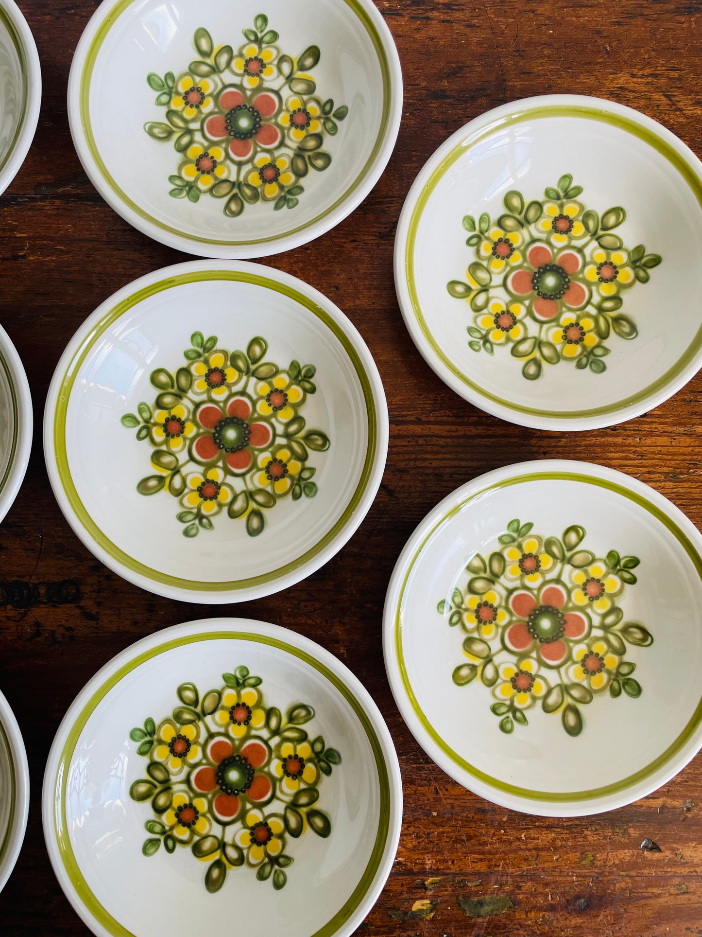 Vintage 5.5" Shallow Snack Bowls with Groovy Orange, Yellow & Green Flower Power Pattern - Mirage Ironstone Ware by Myott - Set of 8 - Made in England