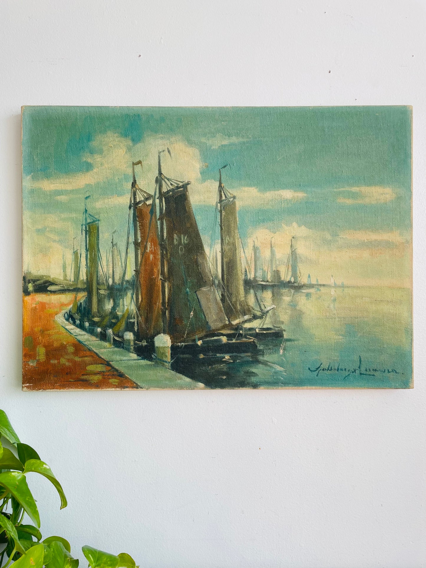 Vintage Original Art Nautical Painting of Ships in Harbour