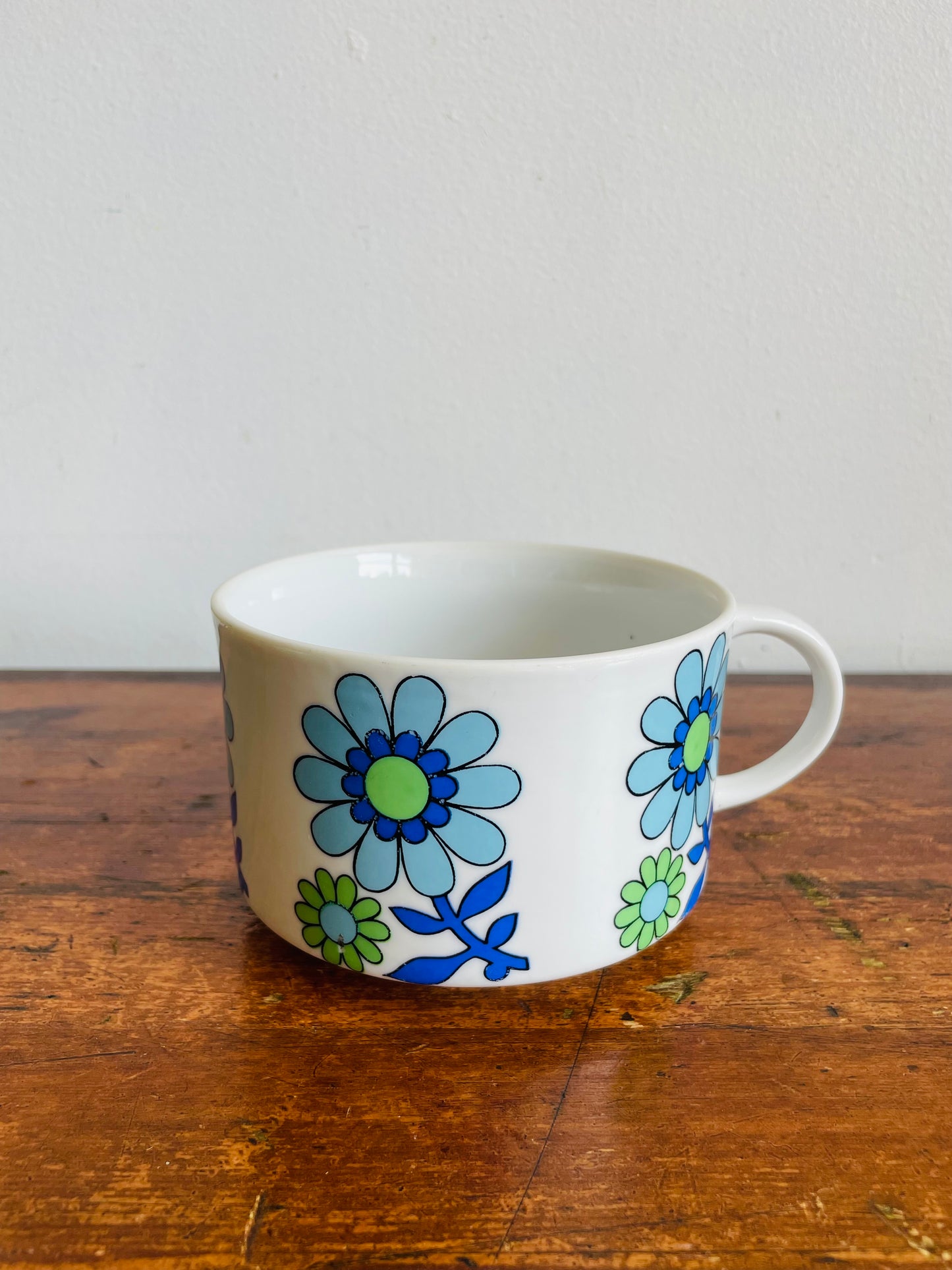 Groovy Soup Bowl with Handle & Blue & Green Flower Power Design - Would Also Make a Great Planter - Made in Japan