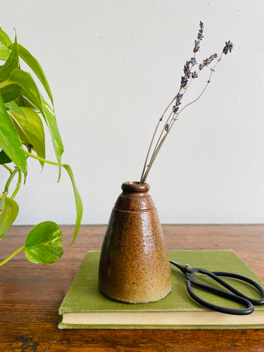 Antique Brown Salt Glaze Stoneware Pottery Cone Shaped Ink Well Bottle - Makes a Great Bud Vase!