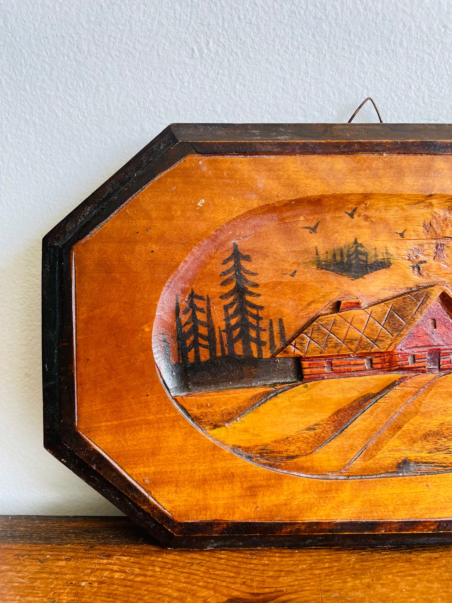 Red Cabin in Forest Picture - Carved from a Single Piece of Wood