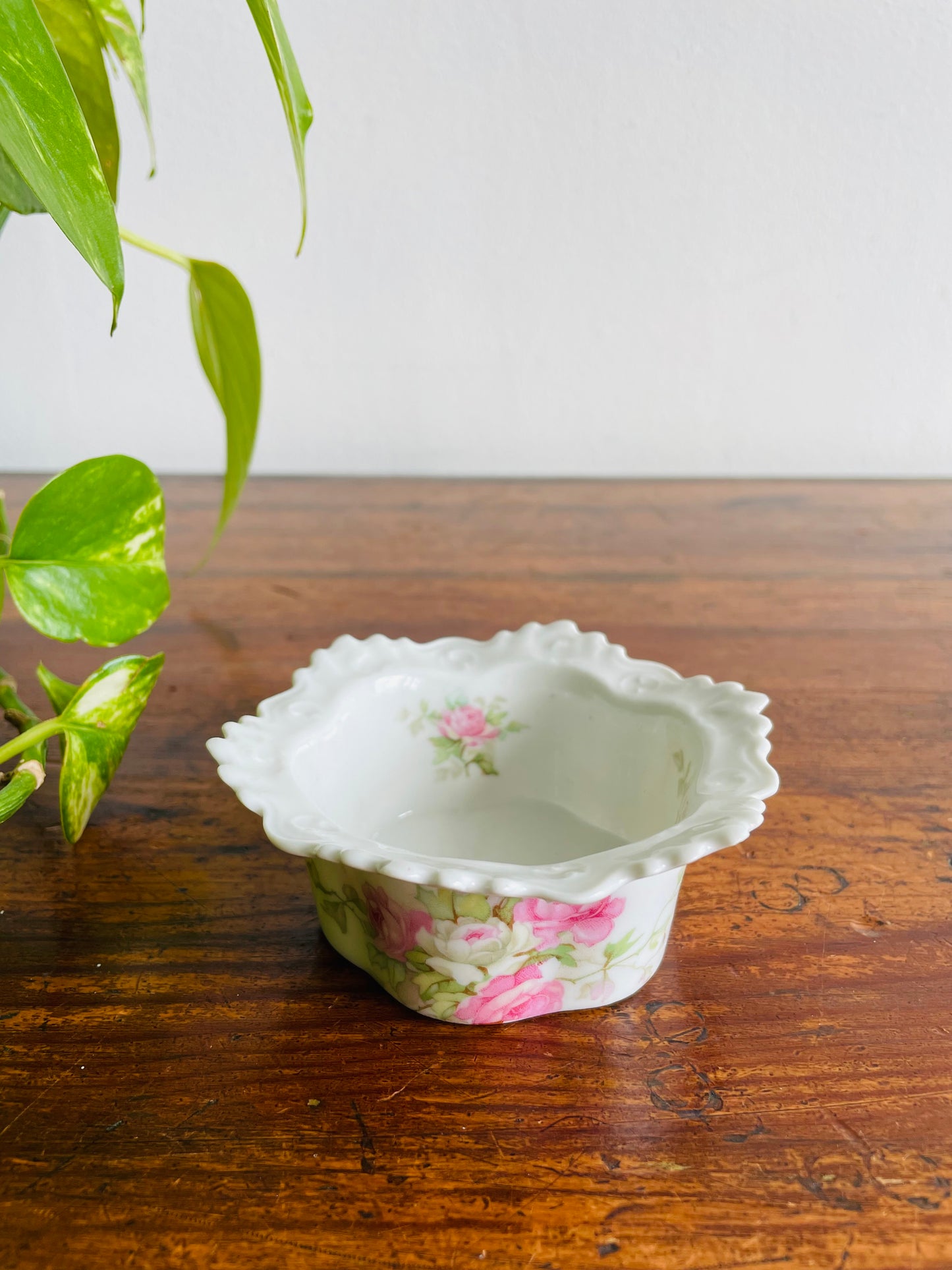 Antique MZ Moritz Zdekauer Austria Porcelain Ramekin or Custard Cup Dish with Pink Roses - Also Great for Jewellery!