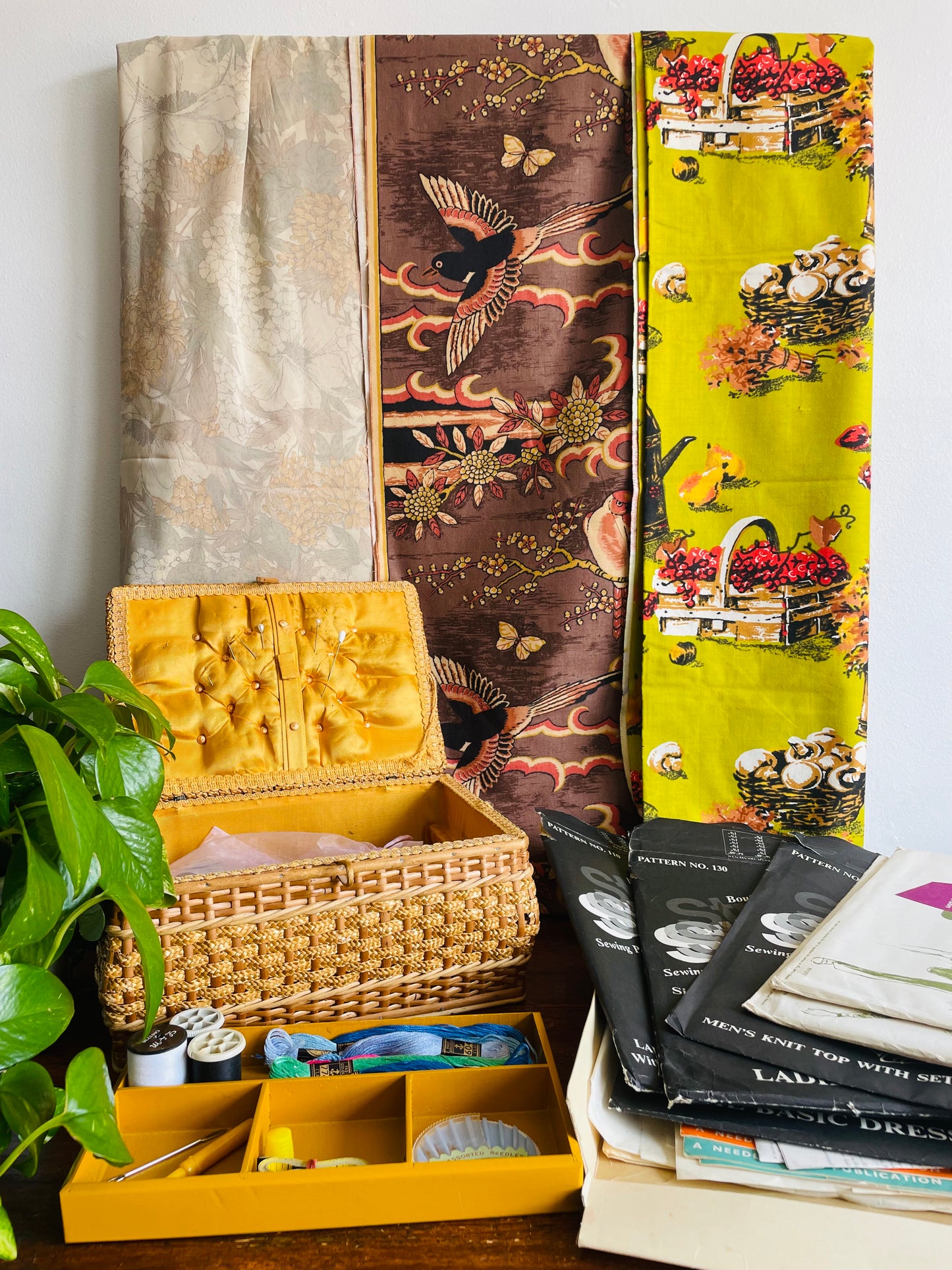 Bright Chartreuse Coloured Fabric with Fun Vegetable, Fruit, & Flower Harvest Design