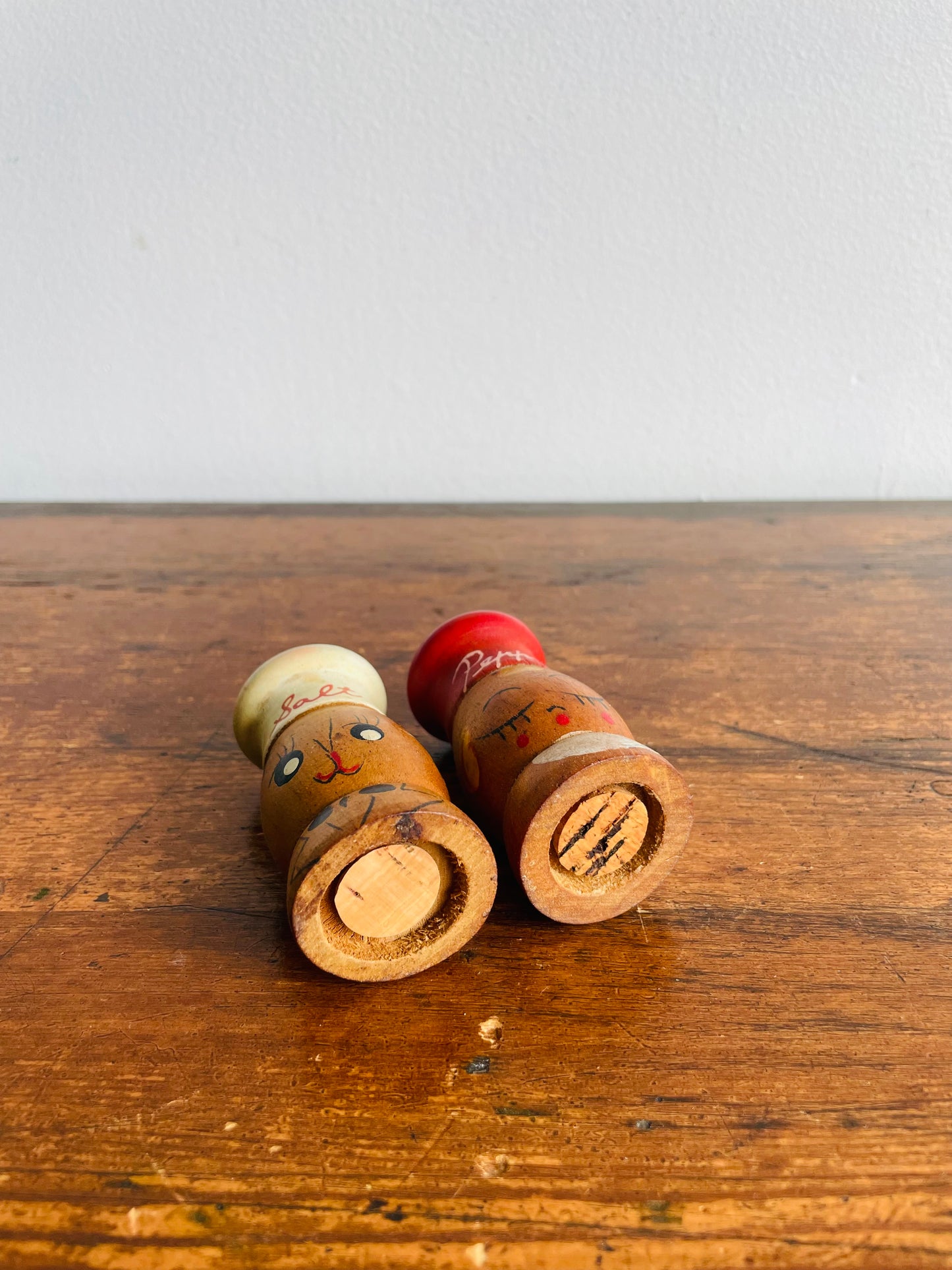 Adorable Wood Salt & Pepper Shakers with Hand Painted Faces