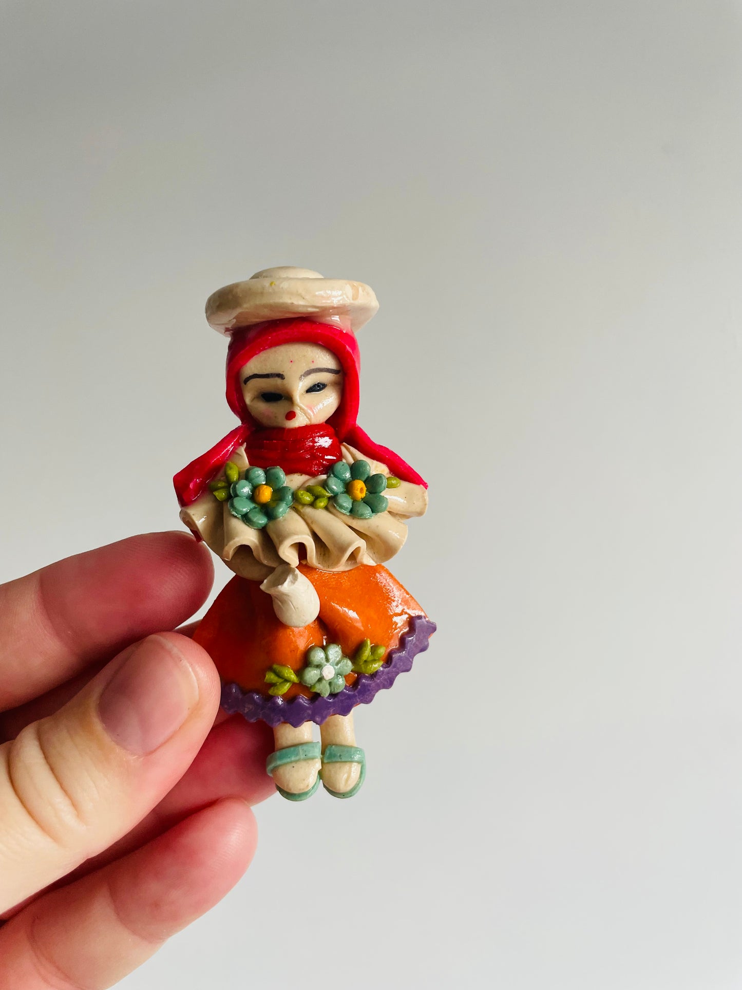 Handmade Salt Dough Folk Ornaments - People, Cat, Dove, Sheep, Parrot - Set of 6