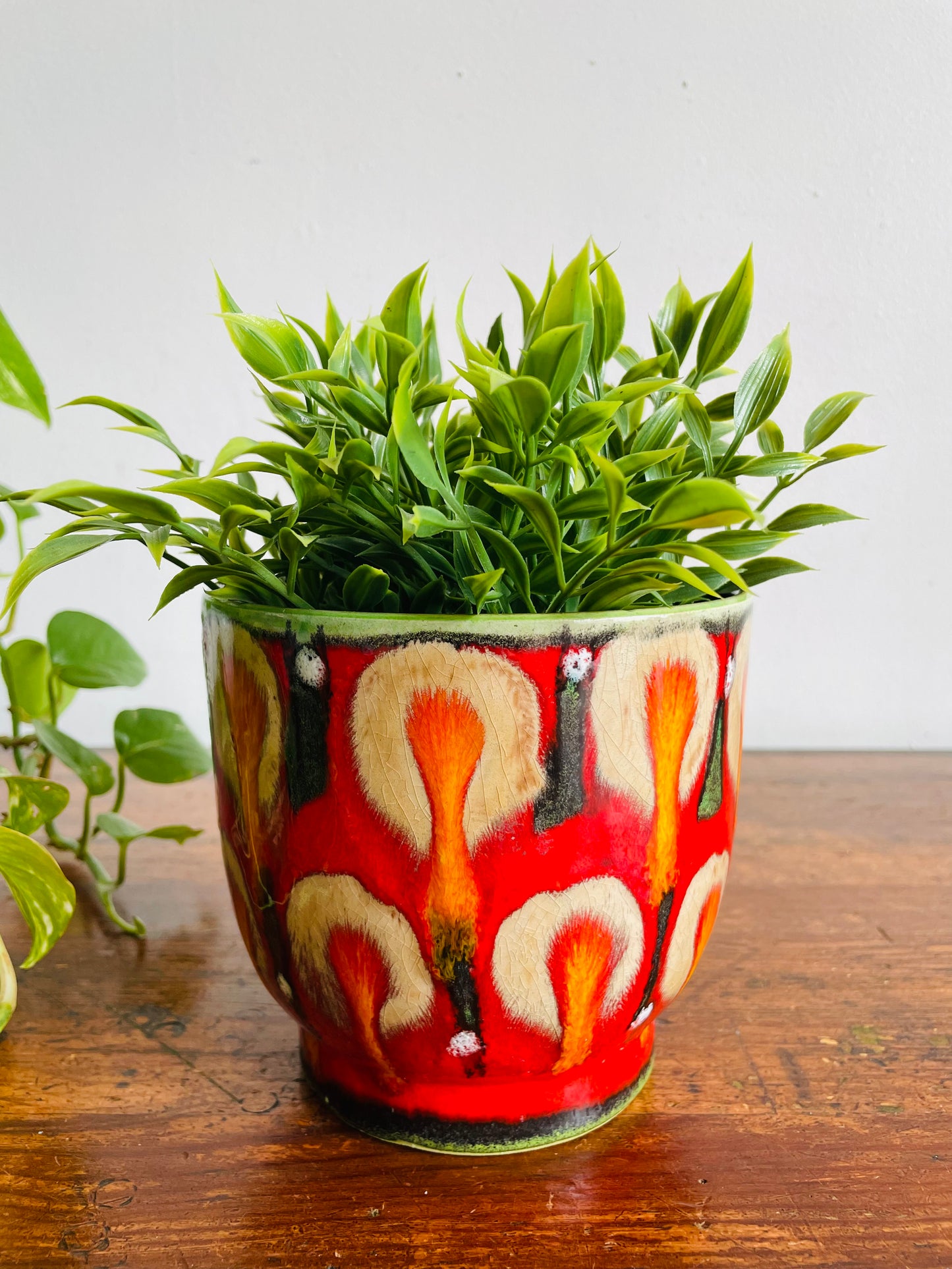 Vintage Bright Red 5" Planter Pot with Orange & Brown Drippy Design