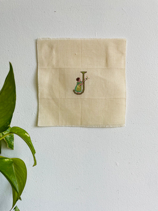 Square Needlepoint Embroidery Panel of the Letter J with a Fairy
