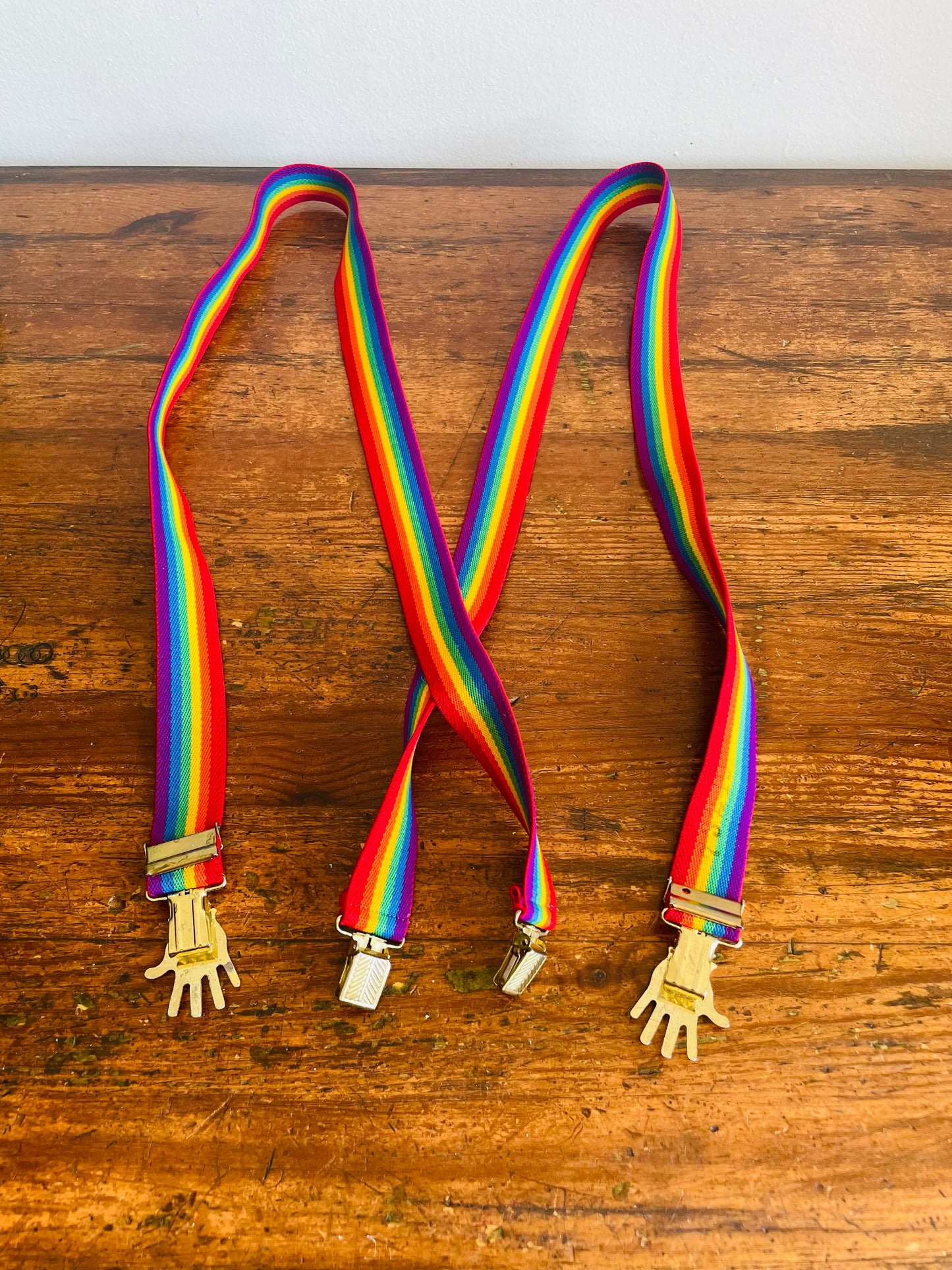 Rainbow Striped Clip-On Suspenders with Brass Hand Shaped Buckles