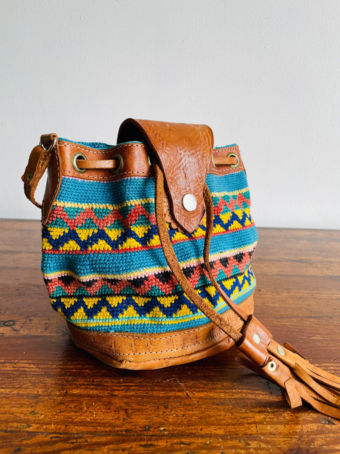 Tooled Leather & Brightly Woven Tapestry Fabric Purse