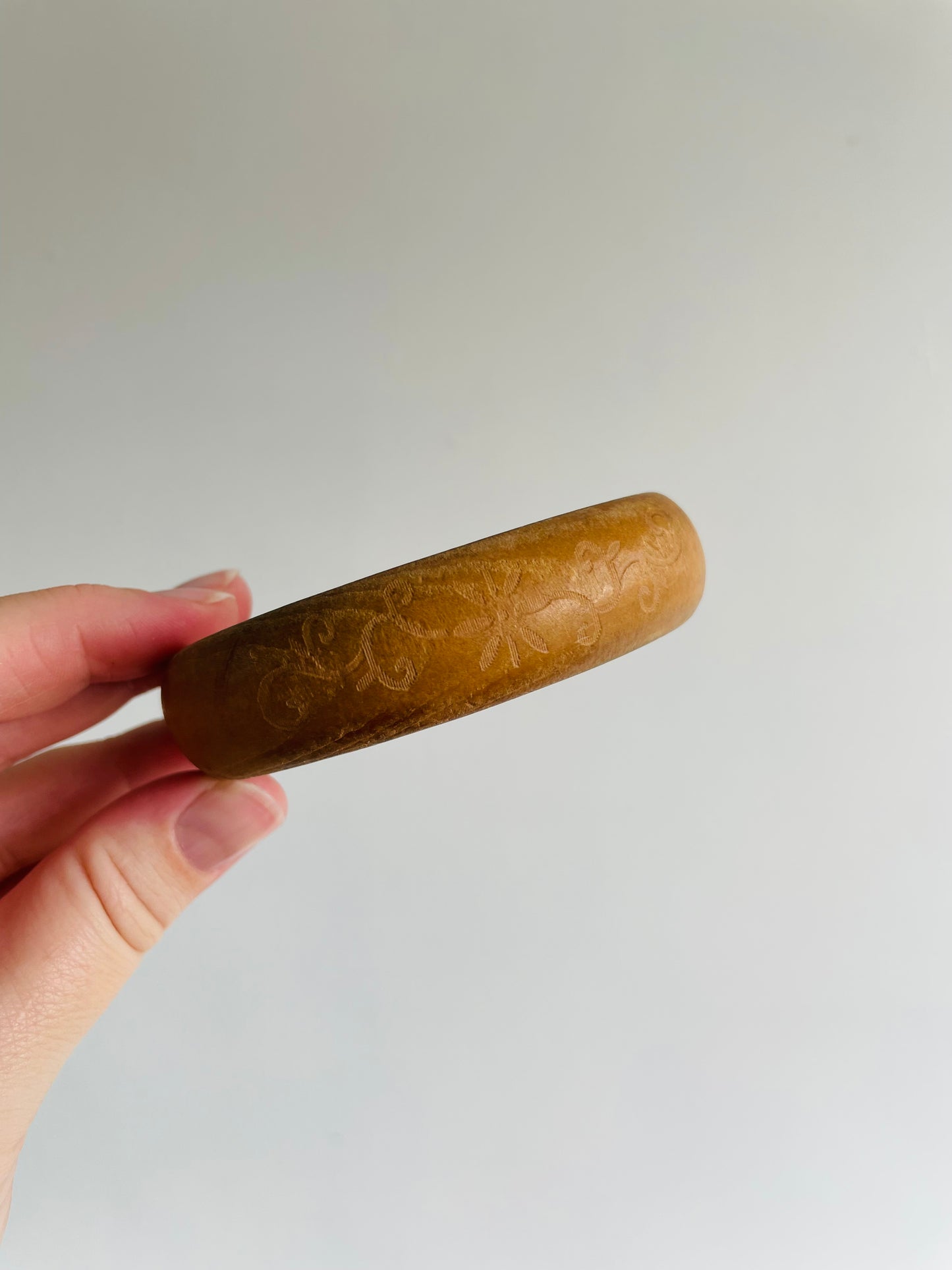 Solid Wood Bangle Bracelet with Etched Flower & Leaf Design