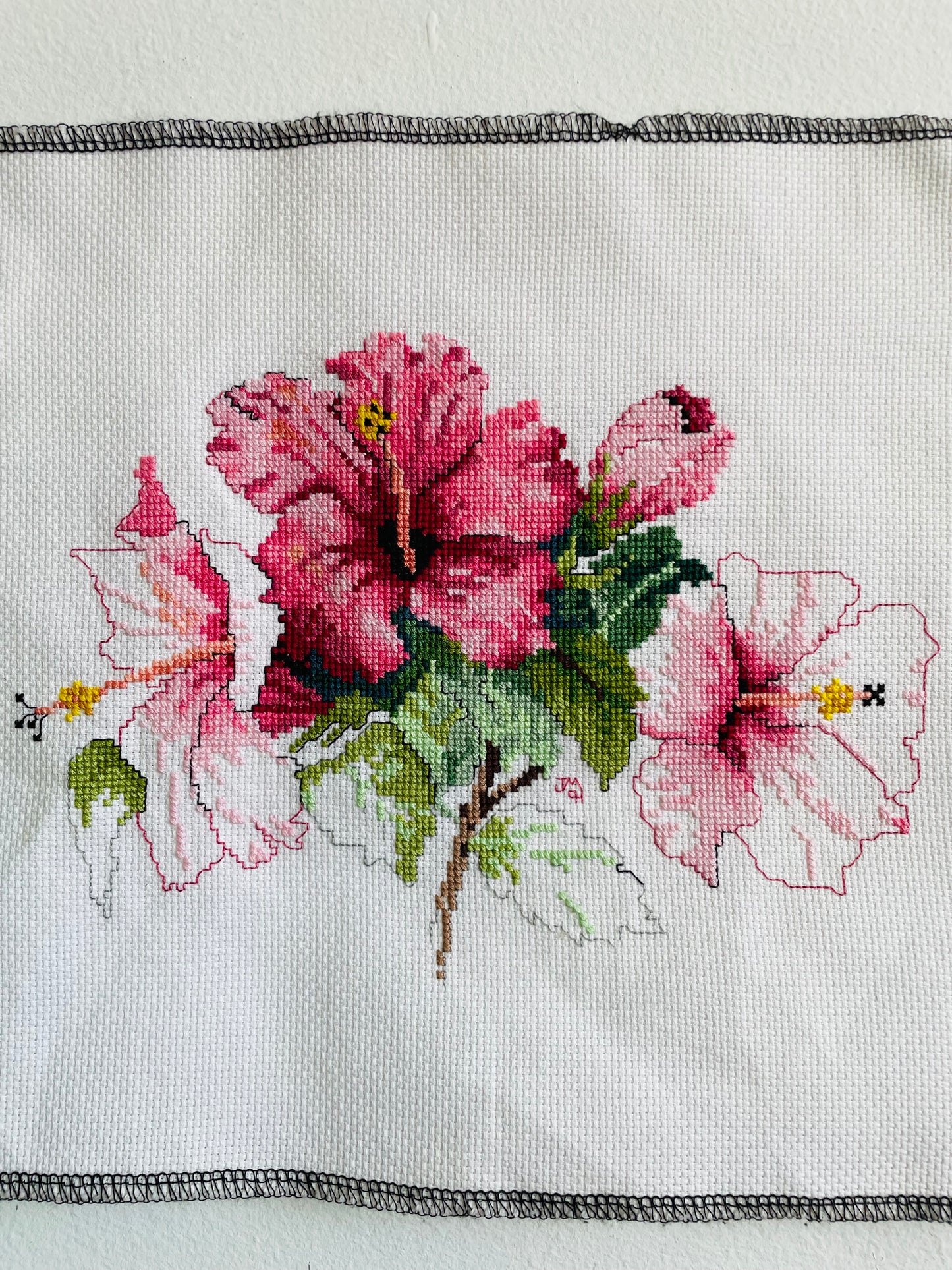 Needlepoint Embroidery Panel with Pink Hibiscus Flowers