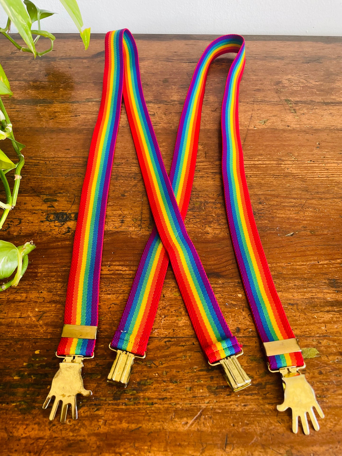 Rainbow Striped Clip-On Suspenders with Brass Hand Shaped Buckles