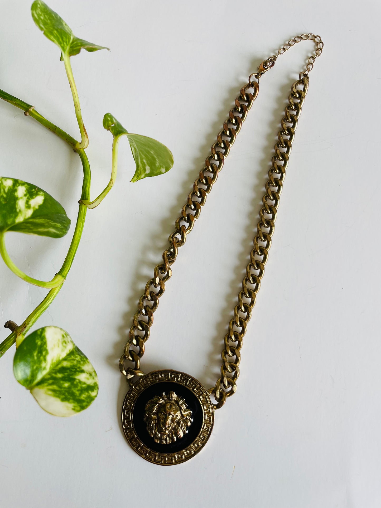 Brass & Enamel Lion Head Medusa Medallion Necklace on Heavy Chain - Big Cat Leo Astrology Jewellery