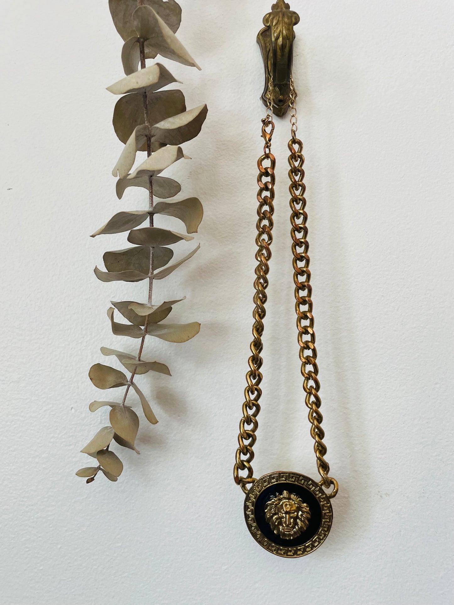 Brass & Enamel Lion Head Medusa Medallion Necklace on Heavy Chain - Big Cat Leo Astrology Jewellery
