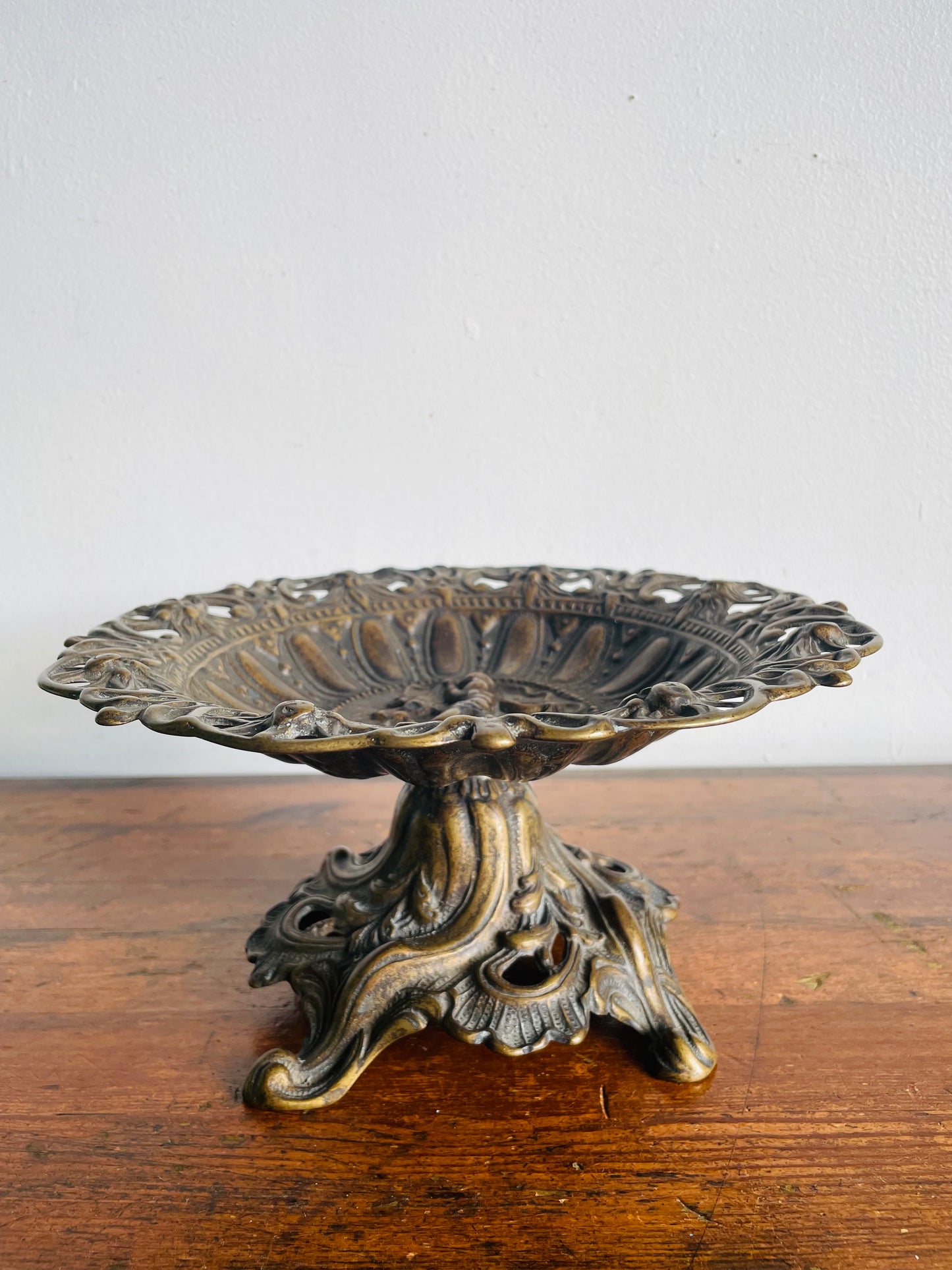 Vintage Heavy Brass Pedestal Bowl with Cherub - Ornate Scroll Filigree Design - Italian Style
