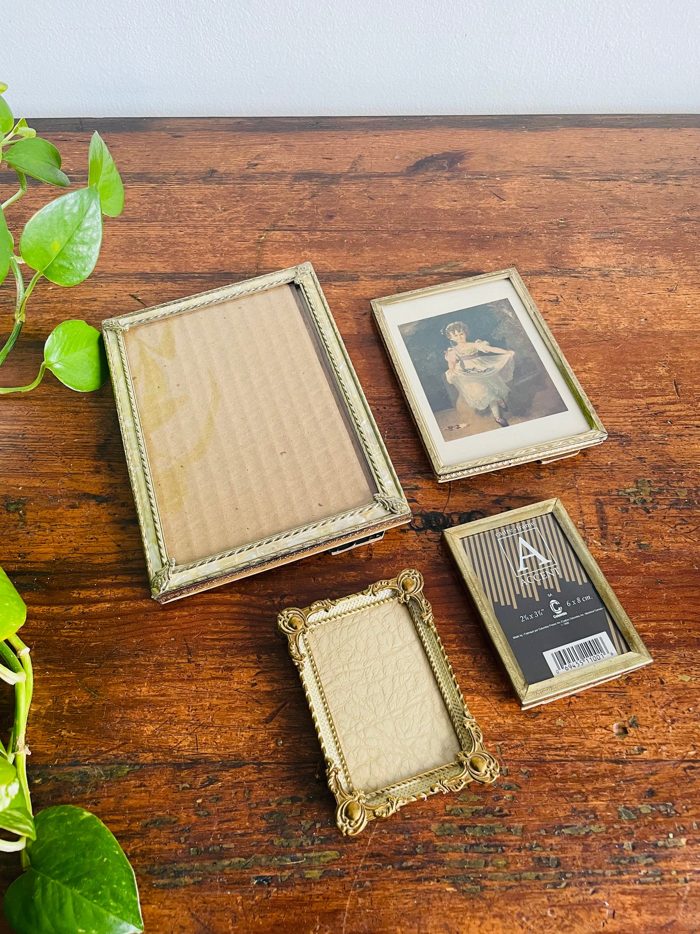 Vintage Collection of Brass Picture Frames with Easel Backs - Set of 4 - One Also Has Hook for Hanging