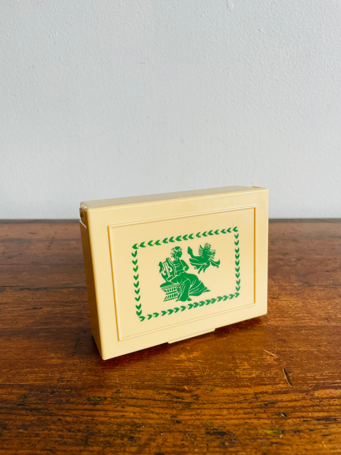 Celluloid Trinket Box with Hinged Lid & Green Grecian Design