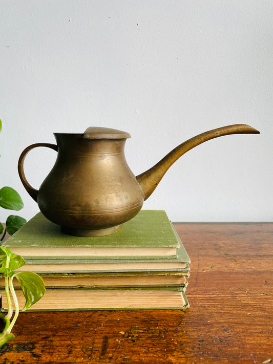 Vintage Solid Brass Watering Can with Long Spout & Curved Handle - Made in India
