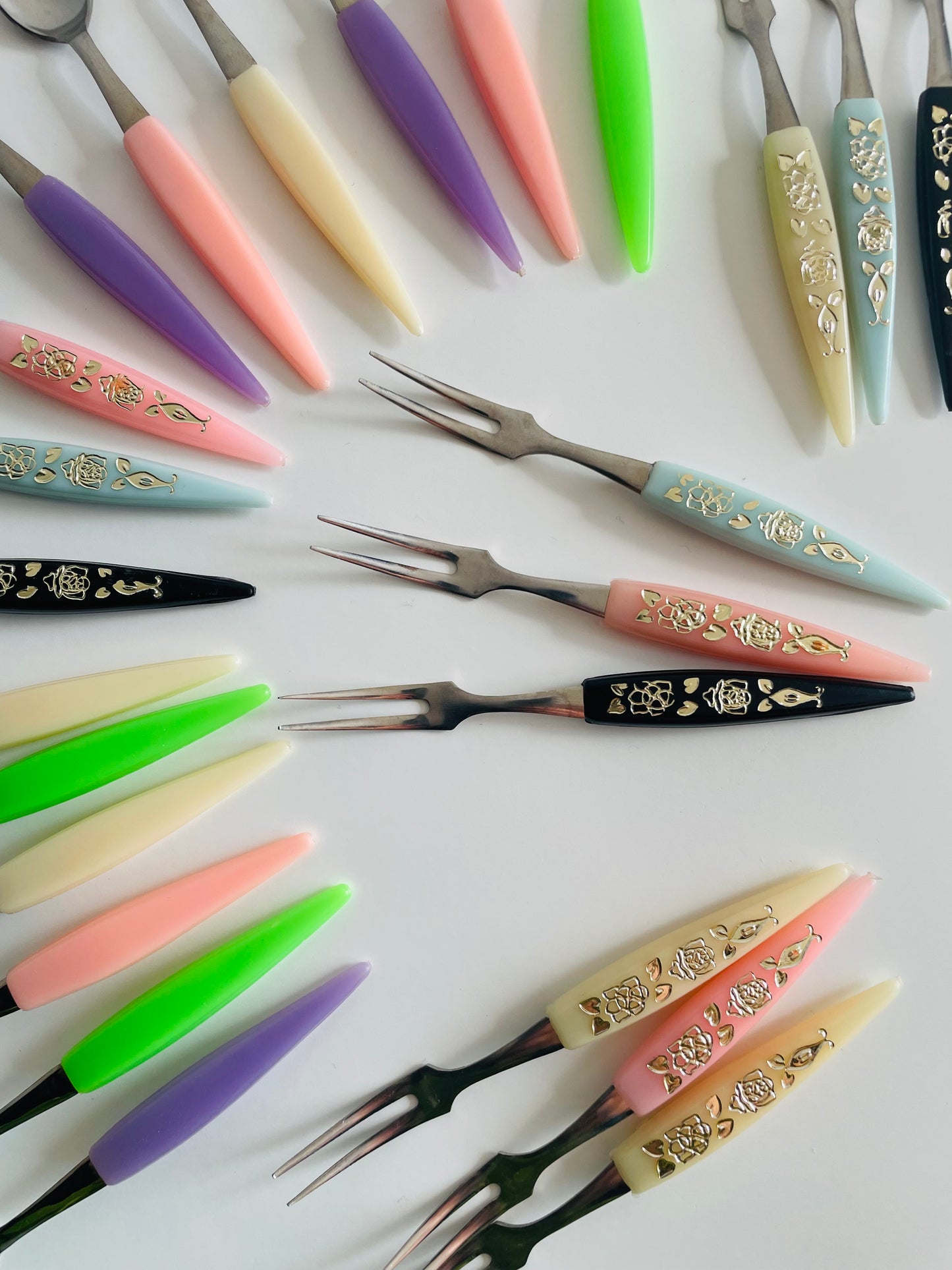 Vintage 1960s Fun Collection of Mini Appetizer Hors d'oeuvres Cocktail Forks & Spoons in Pastel & Neon Colours - Set of 24 Pieces - Stainless Japan