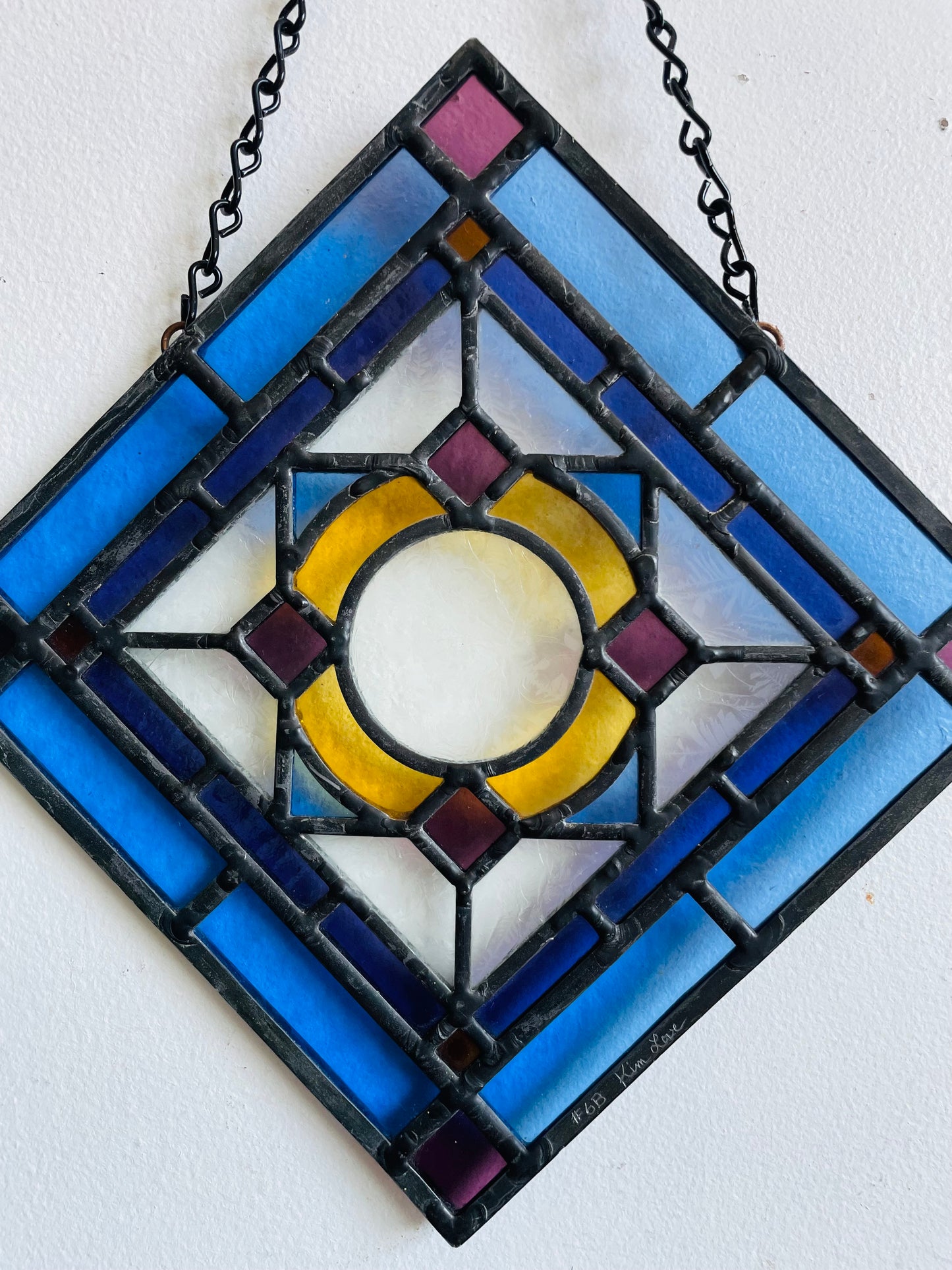 Vintage Hanging Blue, Purple & Yellow Stained Glass Suncatcher Window Decor