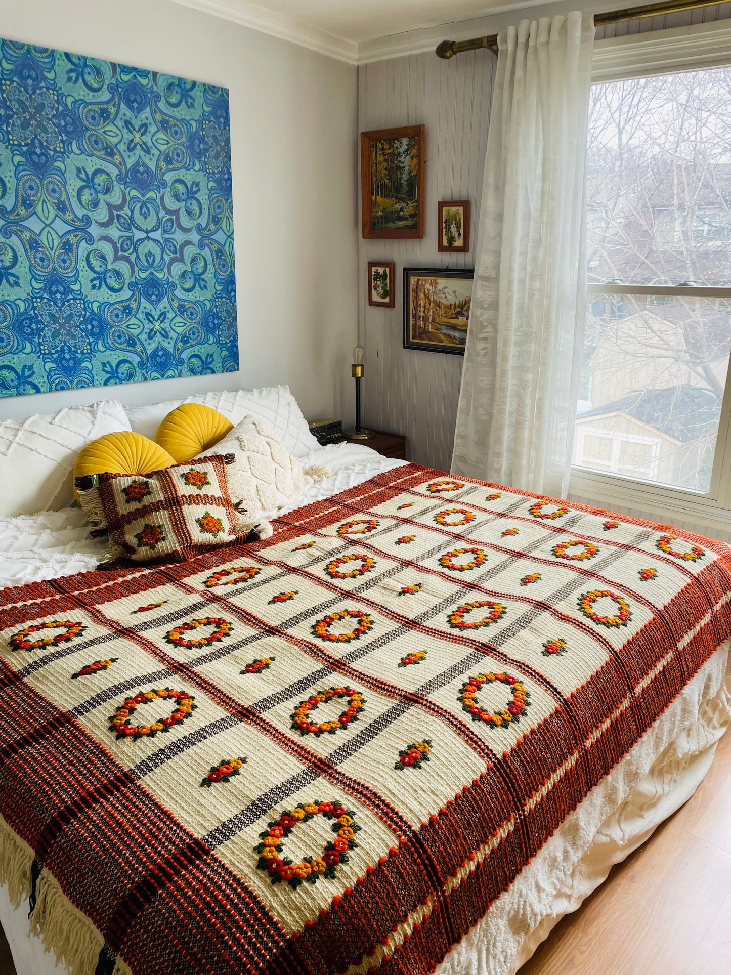Polish Hand Knotted Woven Wool Throw Pillowcase with Embroidered Flowers