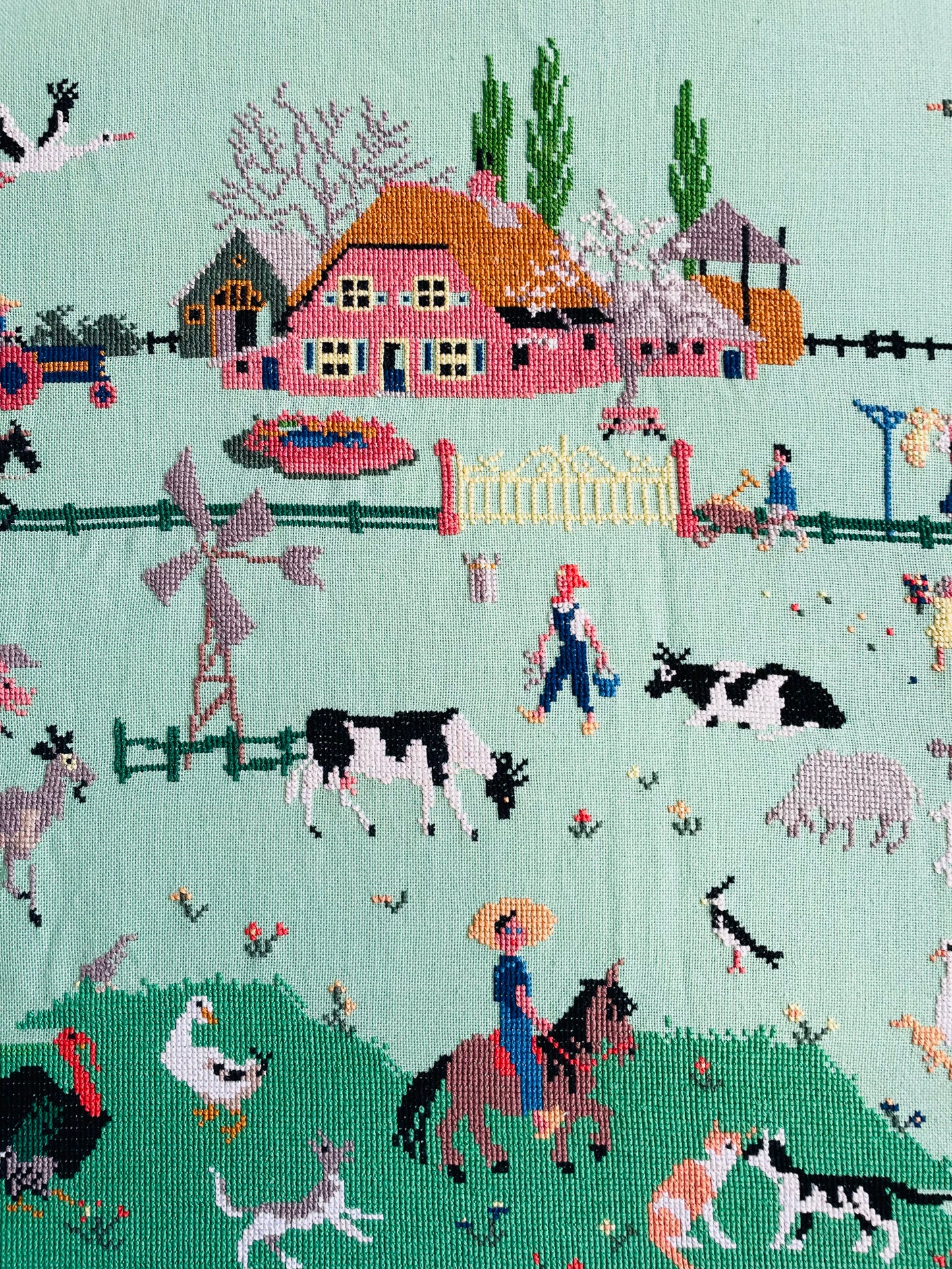Vintage Absolutely Adorable Mies Bloch Dutch Farm Scene Needlepoint Embroidery Picture on Seafoam Green Background - 18" x 24"