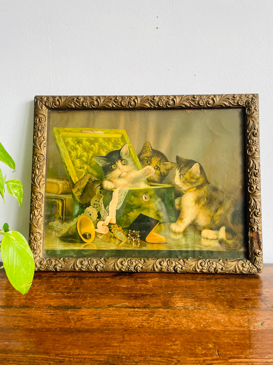 Antique Print Picture of Three Cats Playing in Jewellery Box - Stunning Gold Frame with Ornate Flower & Leaf Design