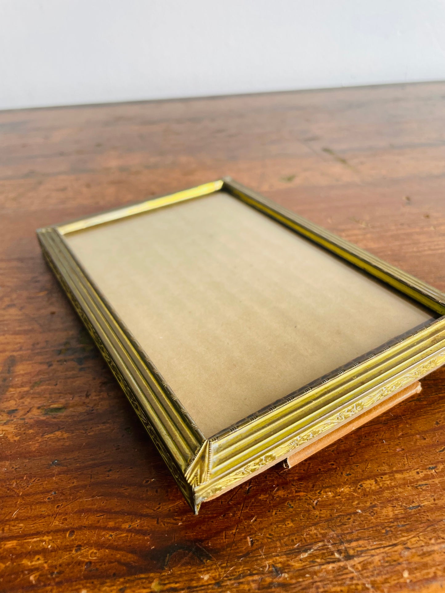 Aged Patina Brass Picture Frame with Etched Details - Easel Prop for Standing - 3.25" by 5.25" Photo Size