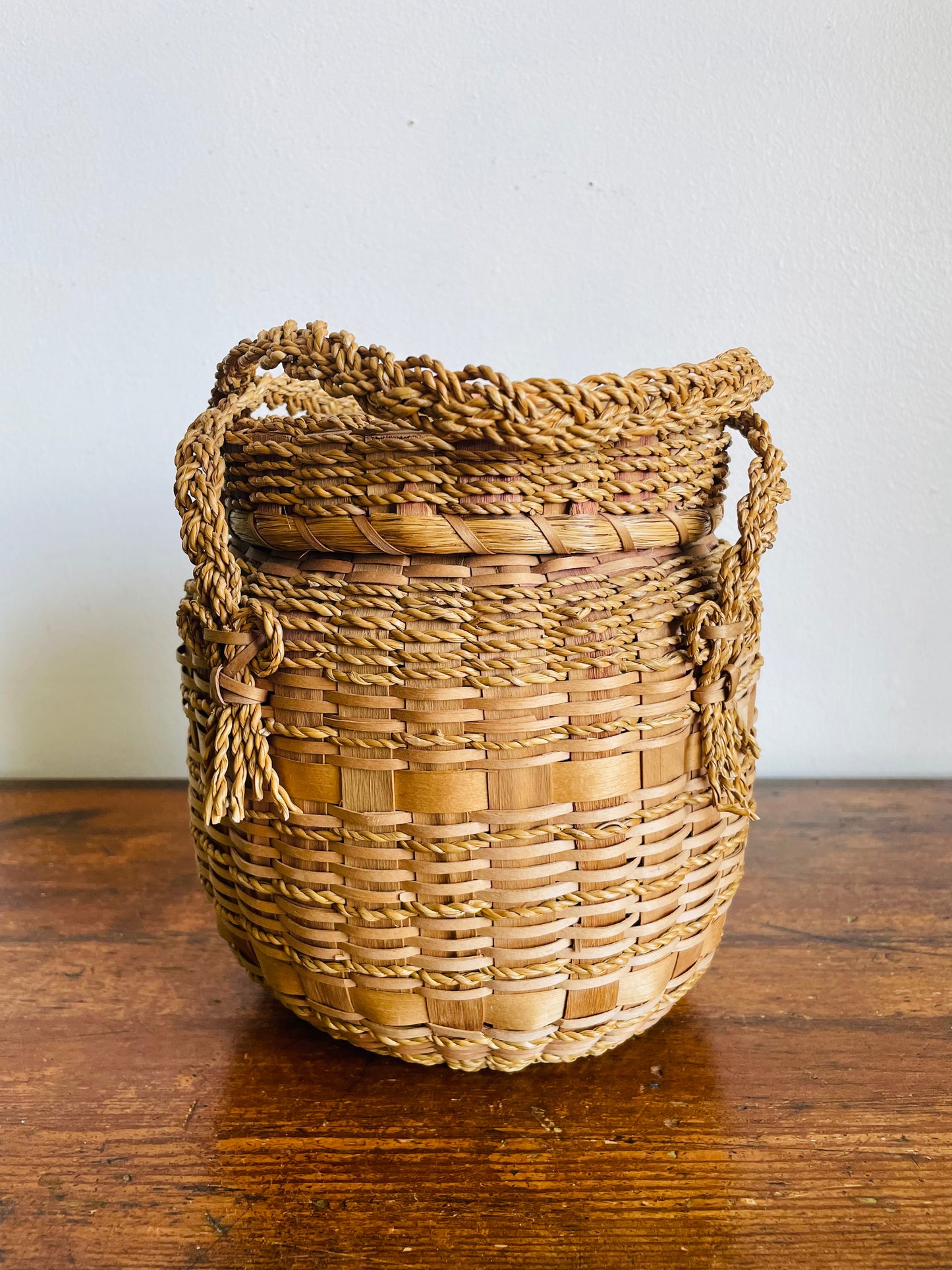 Vintage Indigenous Woven Ash Wood & Sweet Grass Yarn Holding Basket with Braided Handles & Lid - Hole in Lid to Pull Yarn Through