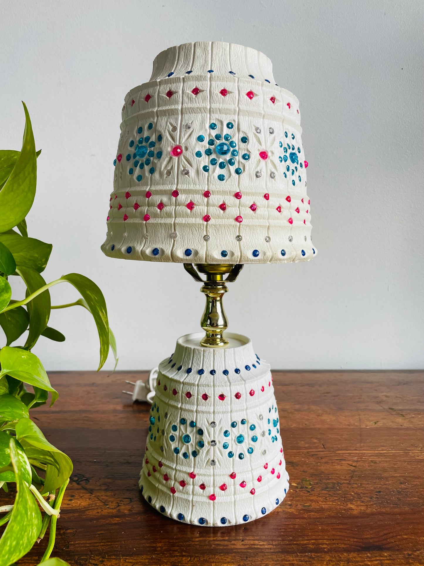 MCM Plastic Lawnware Table Lamp with Brightly Coloured Beads - Pink, Blue & Clear
