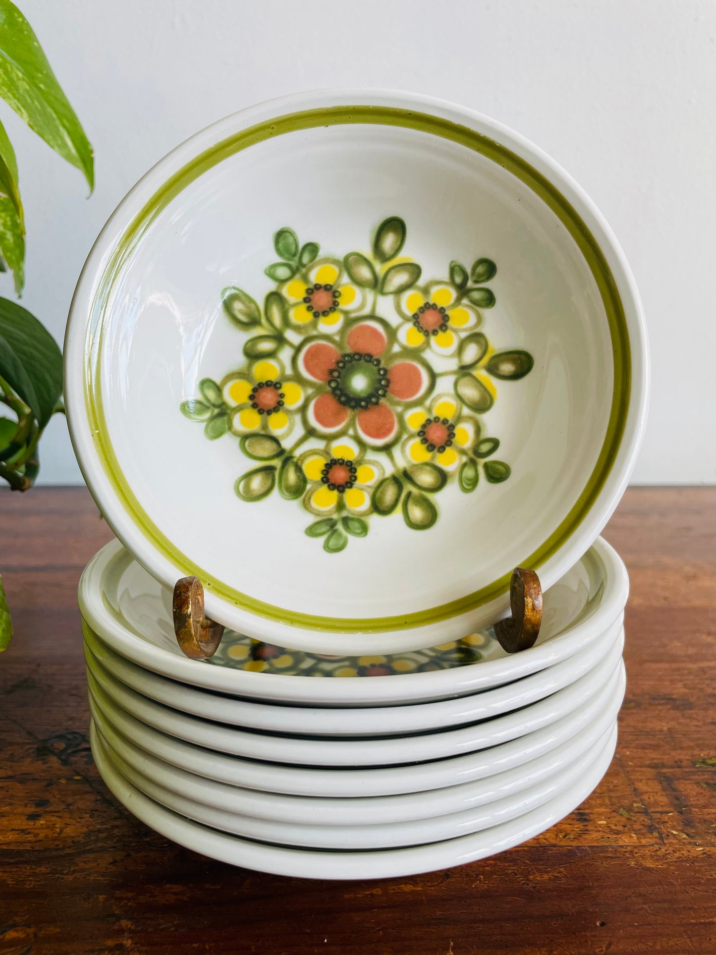 Vintage 5.5" Shallow Snack Bowls with Groovy Orange, Yellow & Green Flower Power Pattern - Mirage Ironstone Ware by Myott - Set of 8 - Made in England