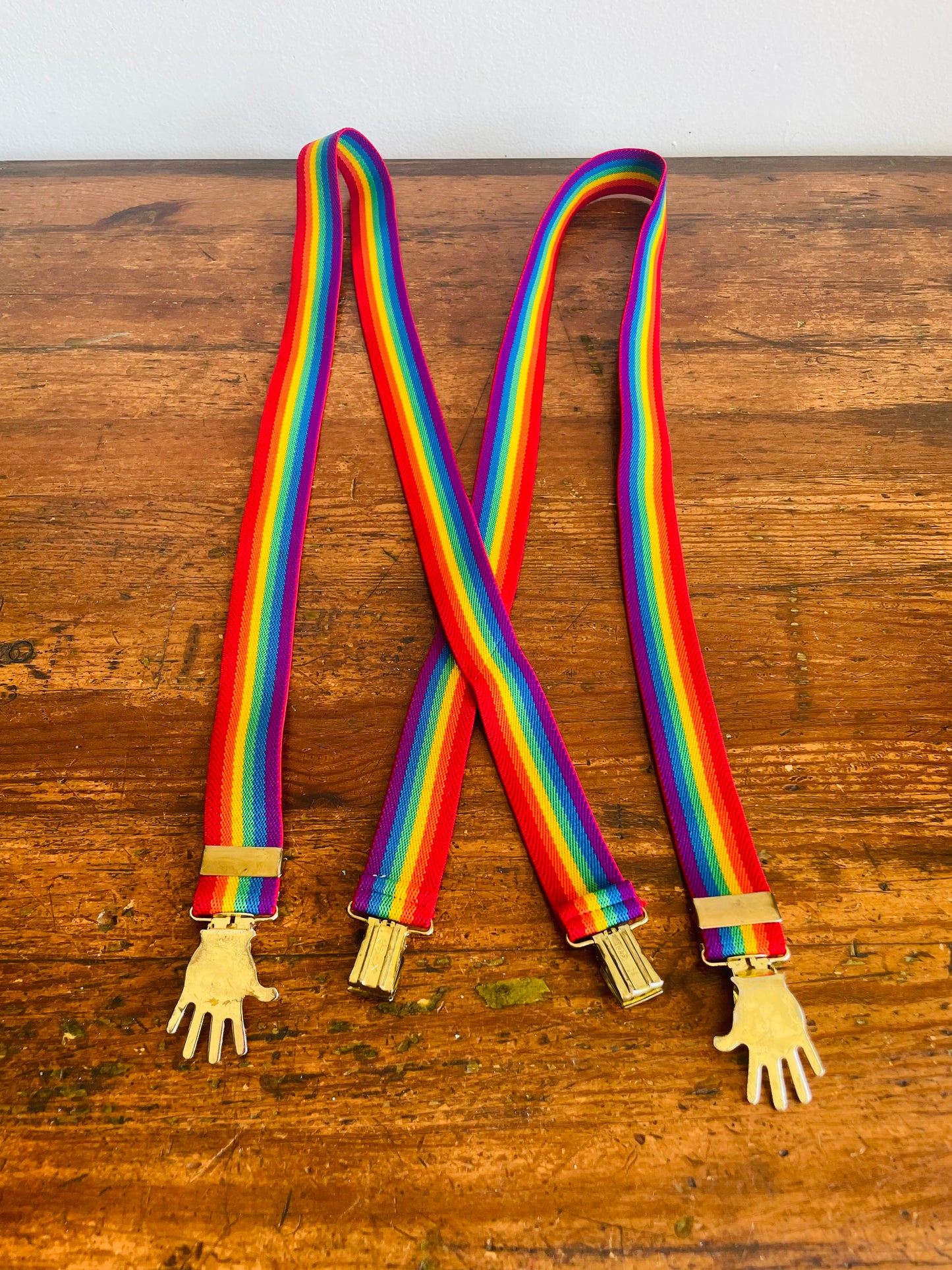 Rainbow Striped Clip-On Suspenders with Brass Hand Shaped Buckles