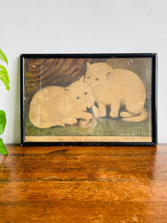 Antique Currier & Ives Print Picture of Two White Cats Playing with Locket - 'My Little White Kitties'