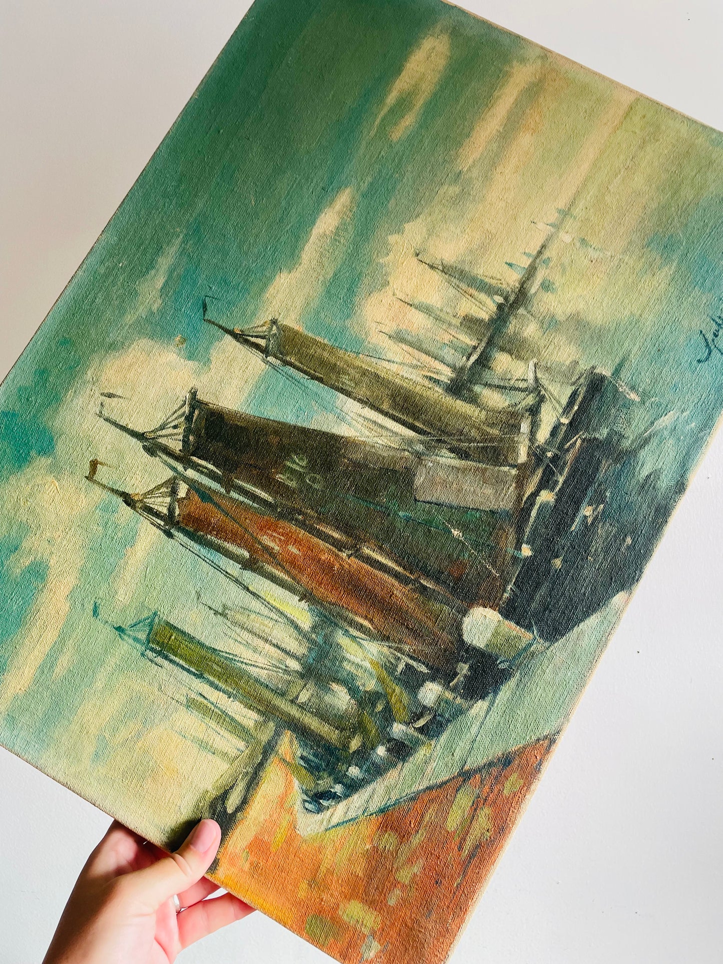 Vintage Original Art Nautical Painting of Ships in Harbour