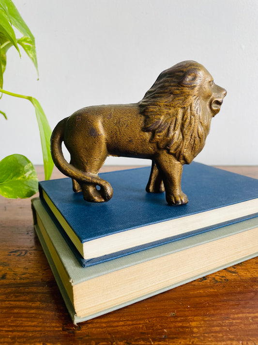 Antique A. C. Williams Heavy & Solid Cast Iron Gold Lion Coin Bank with Right Side Tail