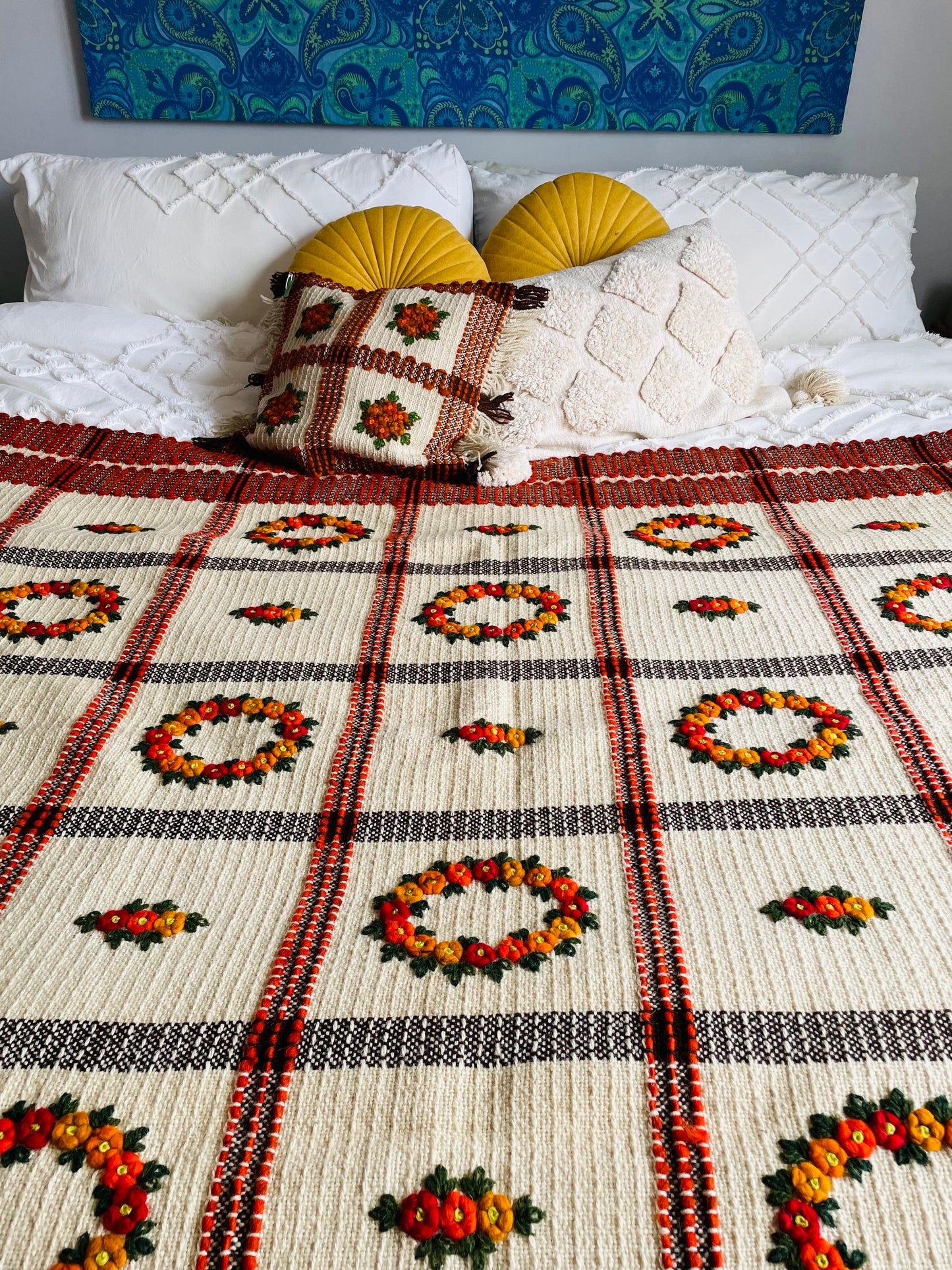 Polish Hand Knotted Woven Wool Throw Pillowcase with Embroidered Flowers