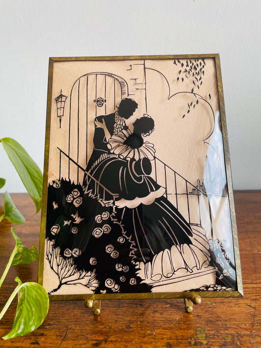 Reverse Painted Silhouette Picture on Convex Bubble Glass - Courting Couple on Steps to Doorway