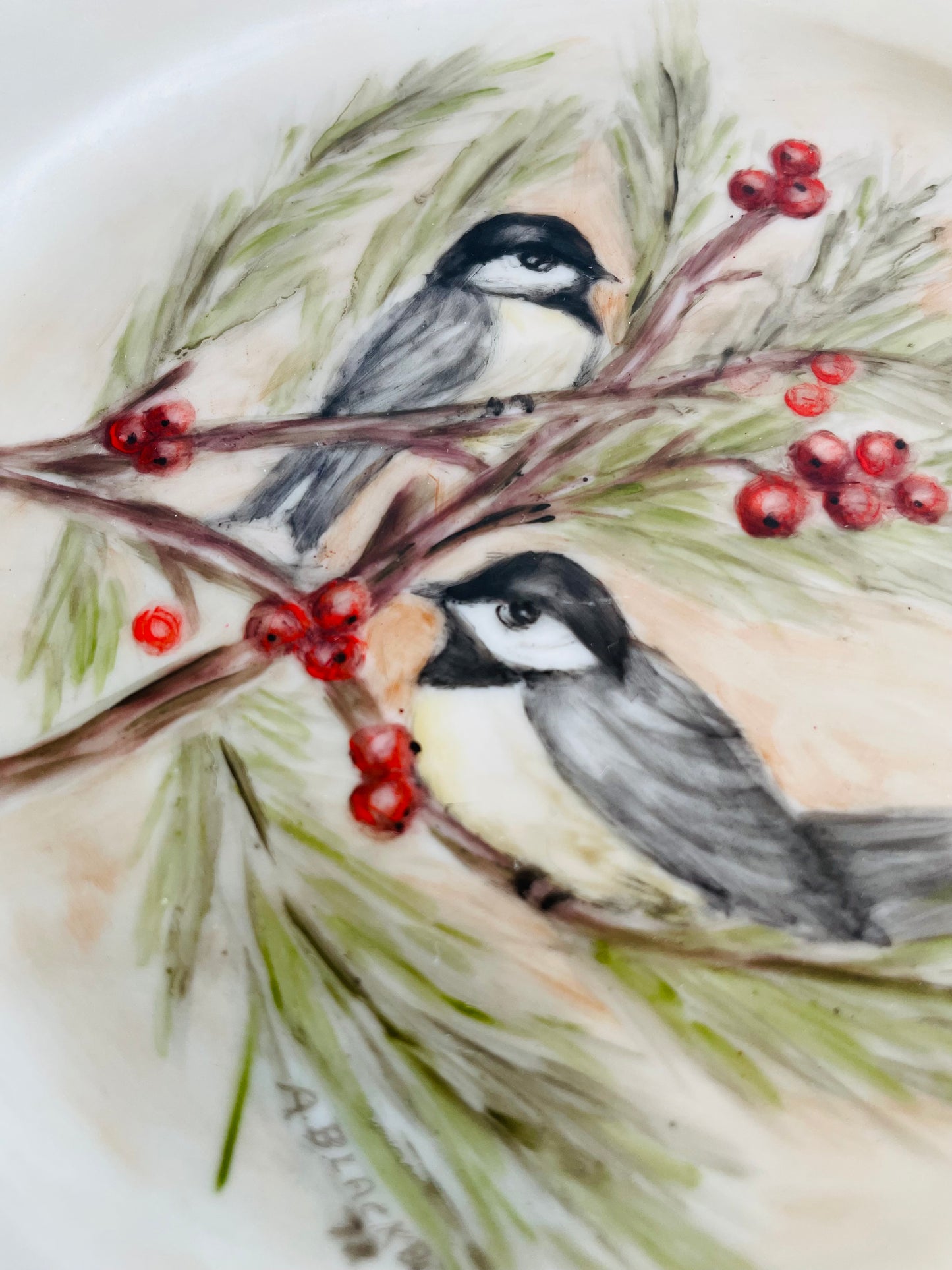 Edelstein Bavaria Maria-Theresia Germany Plate - Hand Painted with Chickadee Bird Winter Scene by A. Blackburn in 1978