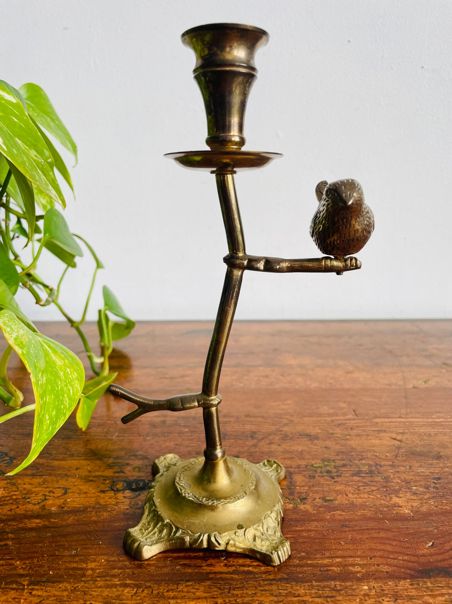 Vintage Solid & Heavy Brass Candle Holder with Branches & Perched Bird on Ornate Footed Base