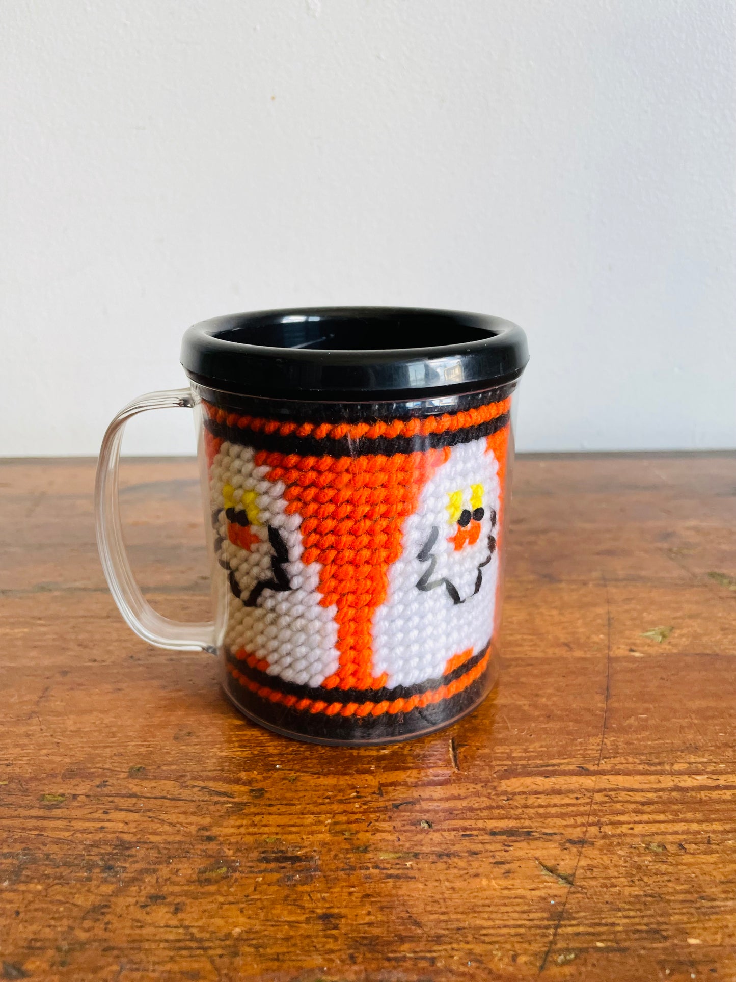 Vintage Halloween Mug with Plastic Canvas Yarn Embroidery Design of Smiling Ghosts