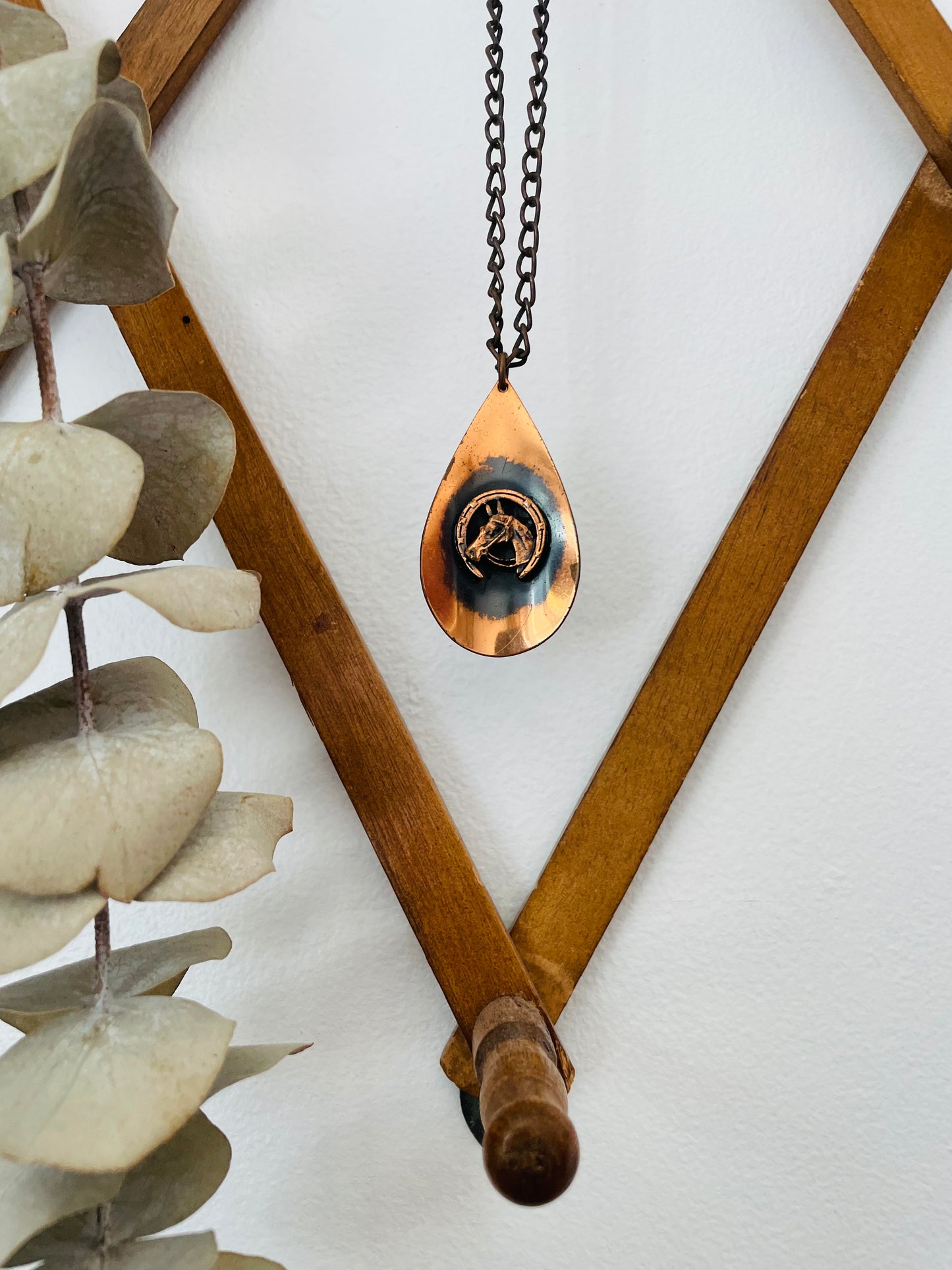 Copper Equestrian Horse & Horseshoe on Teardrop Pendant Chain Necklace