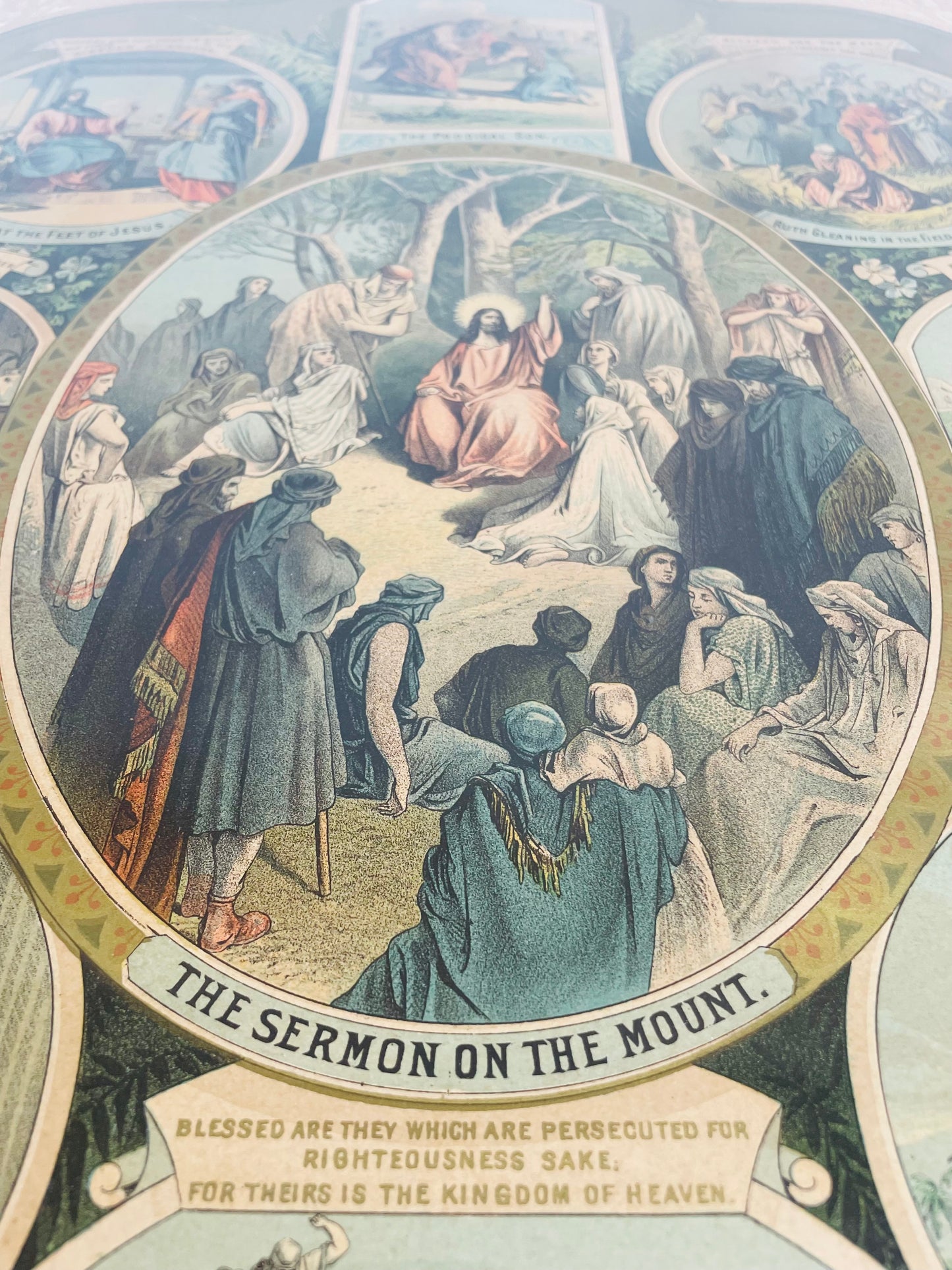 Antique 1800s The Beatitudes Chromolithograph with Bible Pictures Religious Print Picture by Martin Yauch (1882) - Found at Alberton Presbyterian Church - Once Owned by David Richardson from Ancaster, Ontario