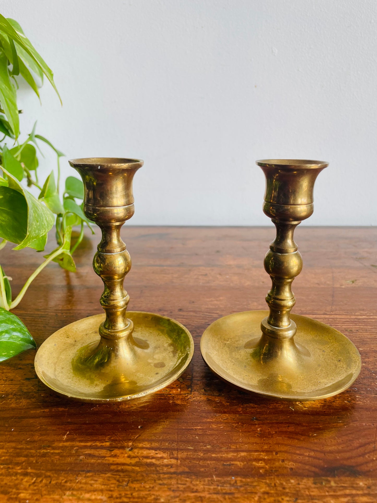 Vintage Heavy & Solid Brass Candle Holders with Spindle Shape & Curved Bases - Can Unscrew - Set of 2