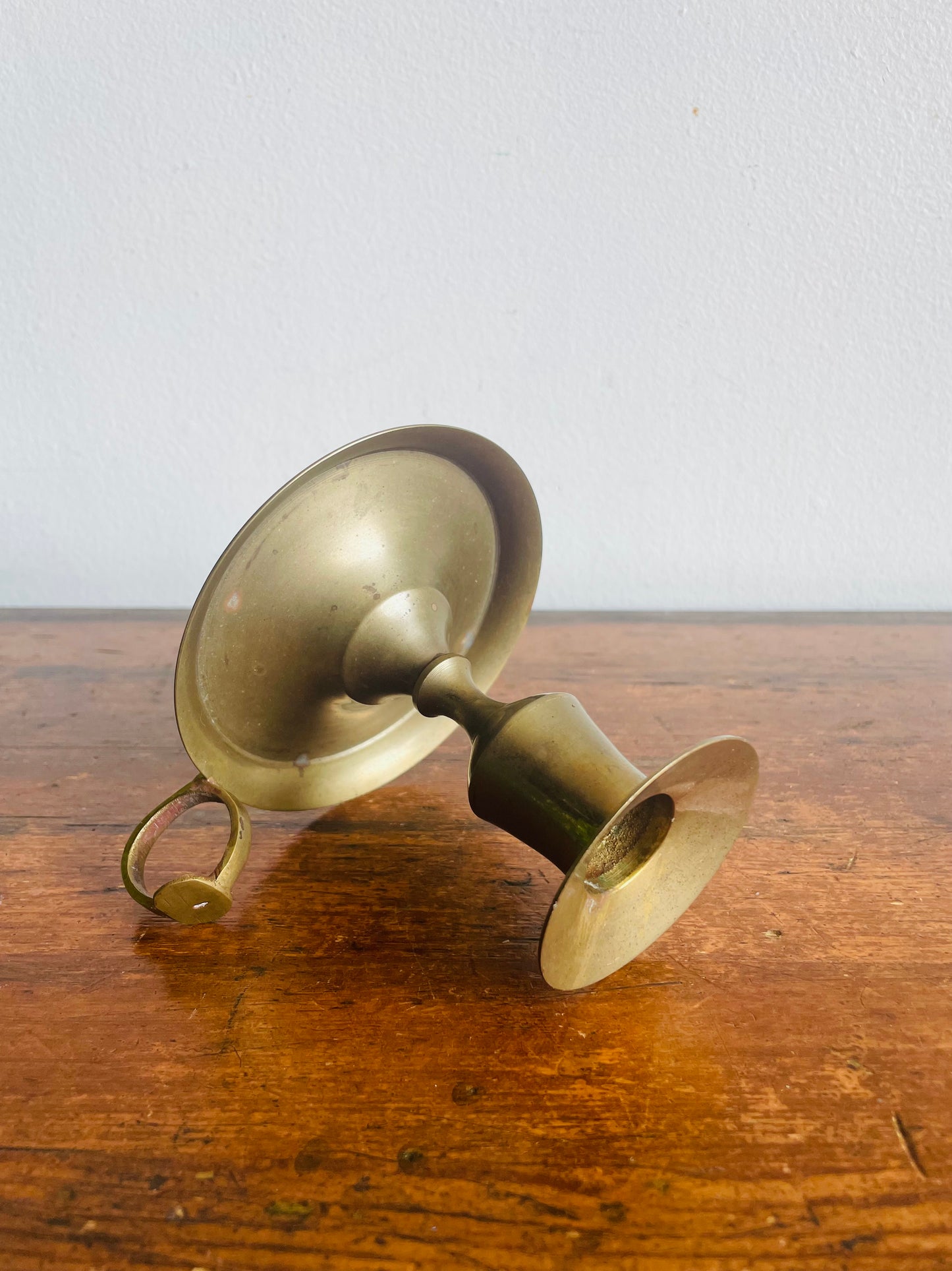 Vintage Brass Chamberstick Candle Holder with Muted Patina