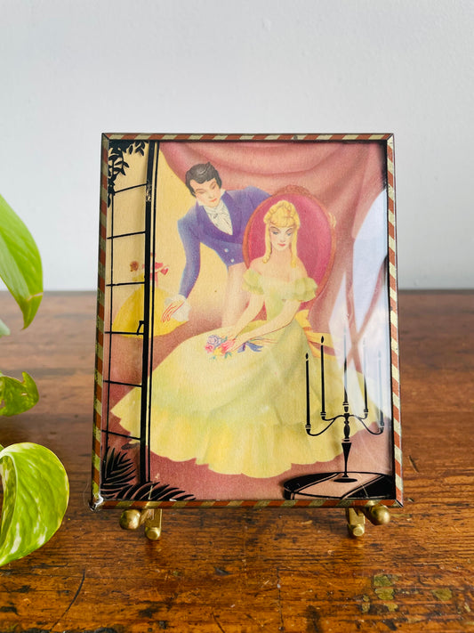 Mini Reverse Painted Silhouette Lithograph Picture on Convex Bubble Glass - Ballroom Scene - May I Have This Dance?